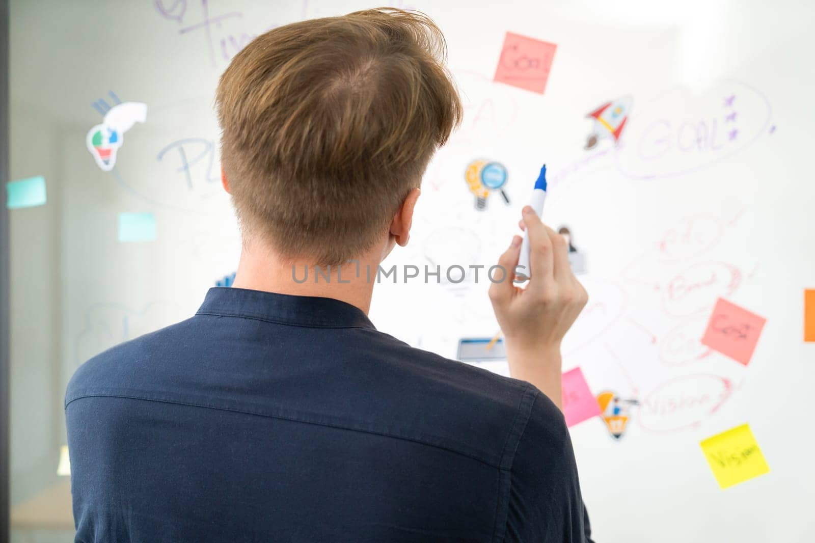 Professional caucasian businessman writing and sharing marketing idea by using mind map and sticky notes on glass board at meeting room. Creative business and planing concept. Back view. Immaculate.