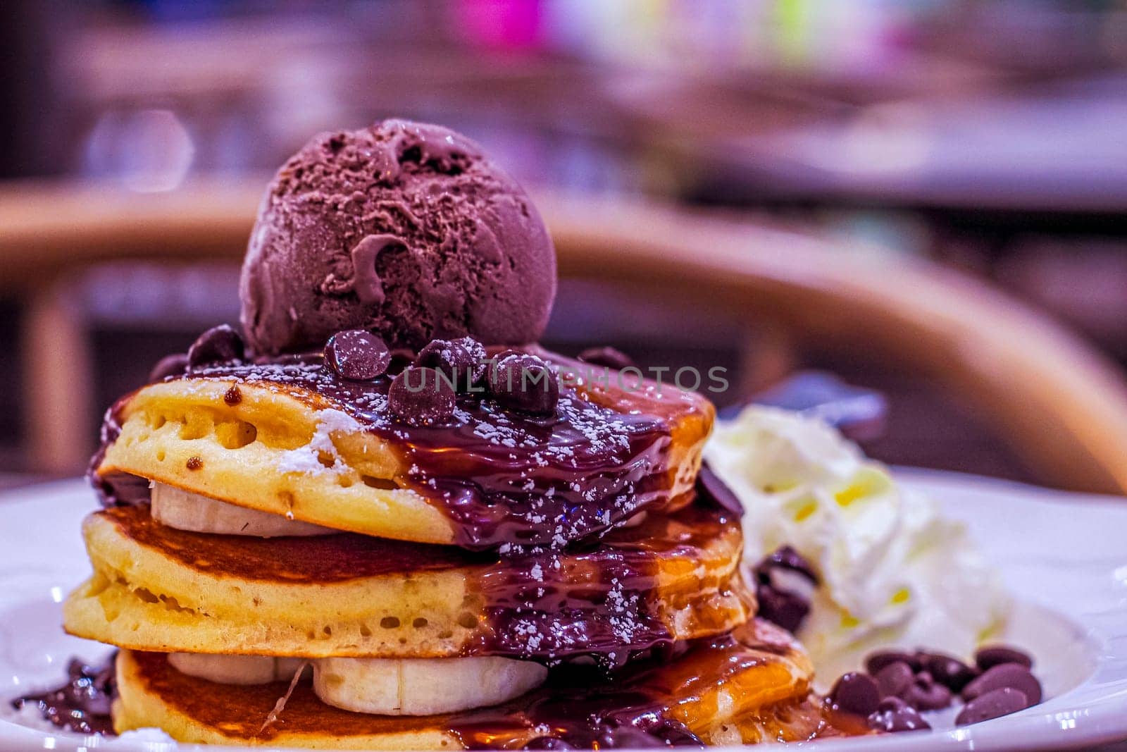 Decadent Delights Indulging in Chocolate Kahlua Pancakes with Espresso Mascarpone and Premium Chocolate Ice Cream