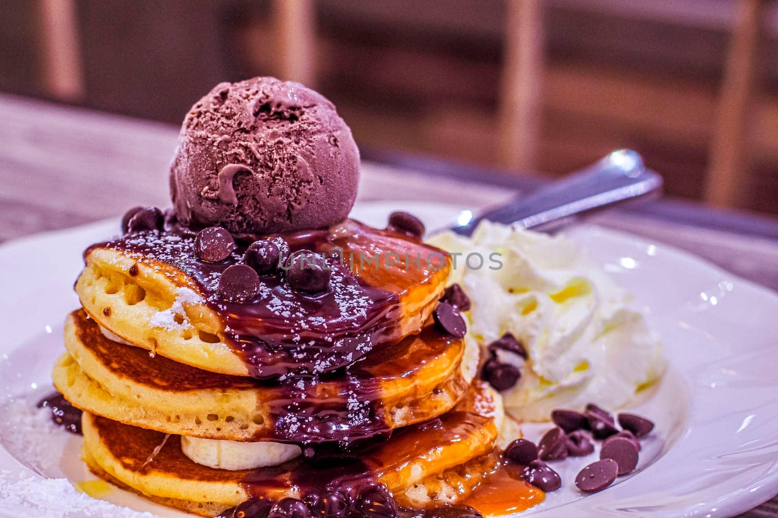 Decadent Delights Indulging in Chocolate Kahlua Pancakes with Espresso Mascarpone and Premium Chocolate Ice Cream