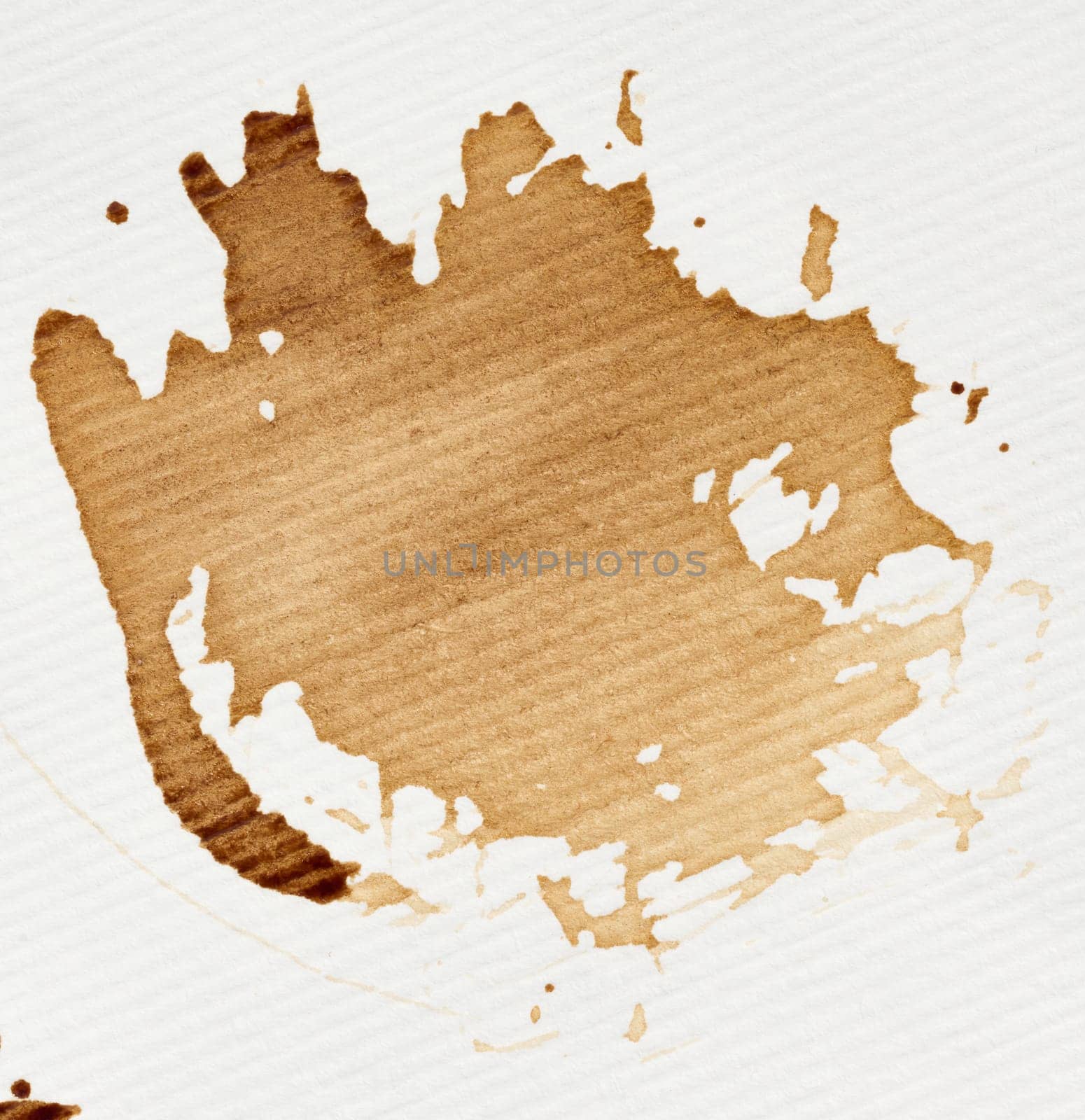 Spilled black coffee on a white background, blot