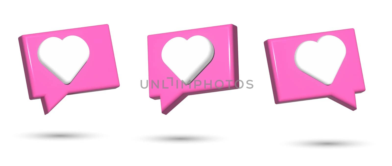 Virtual pink icon with white heart for social network, like notification. 3D rendering illustration