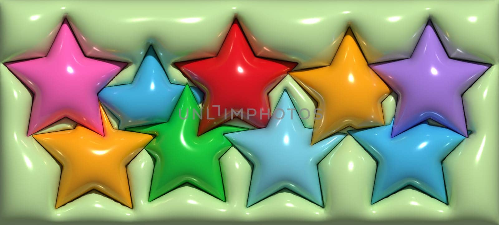 Abstract green background with stars, inflated shapes. 3d rendering illustration