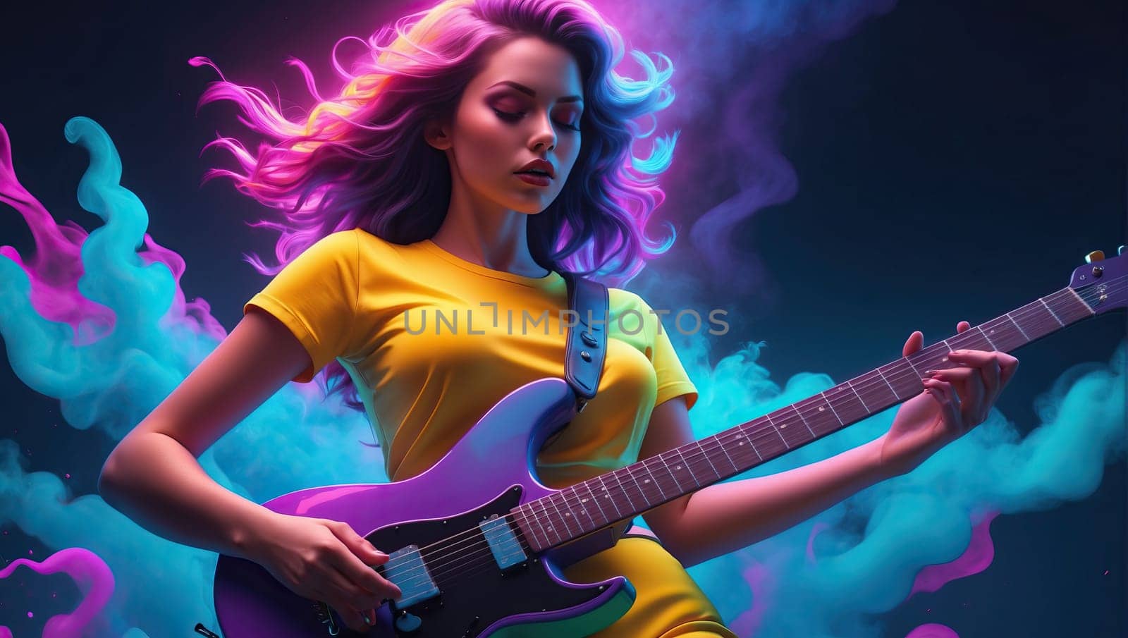 Girl with a guitar in neon light by applesstock