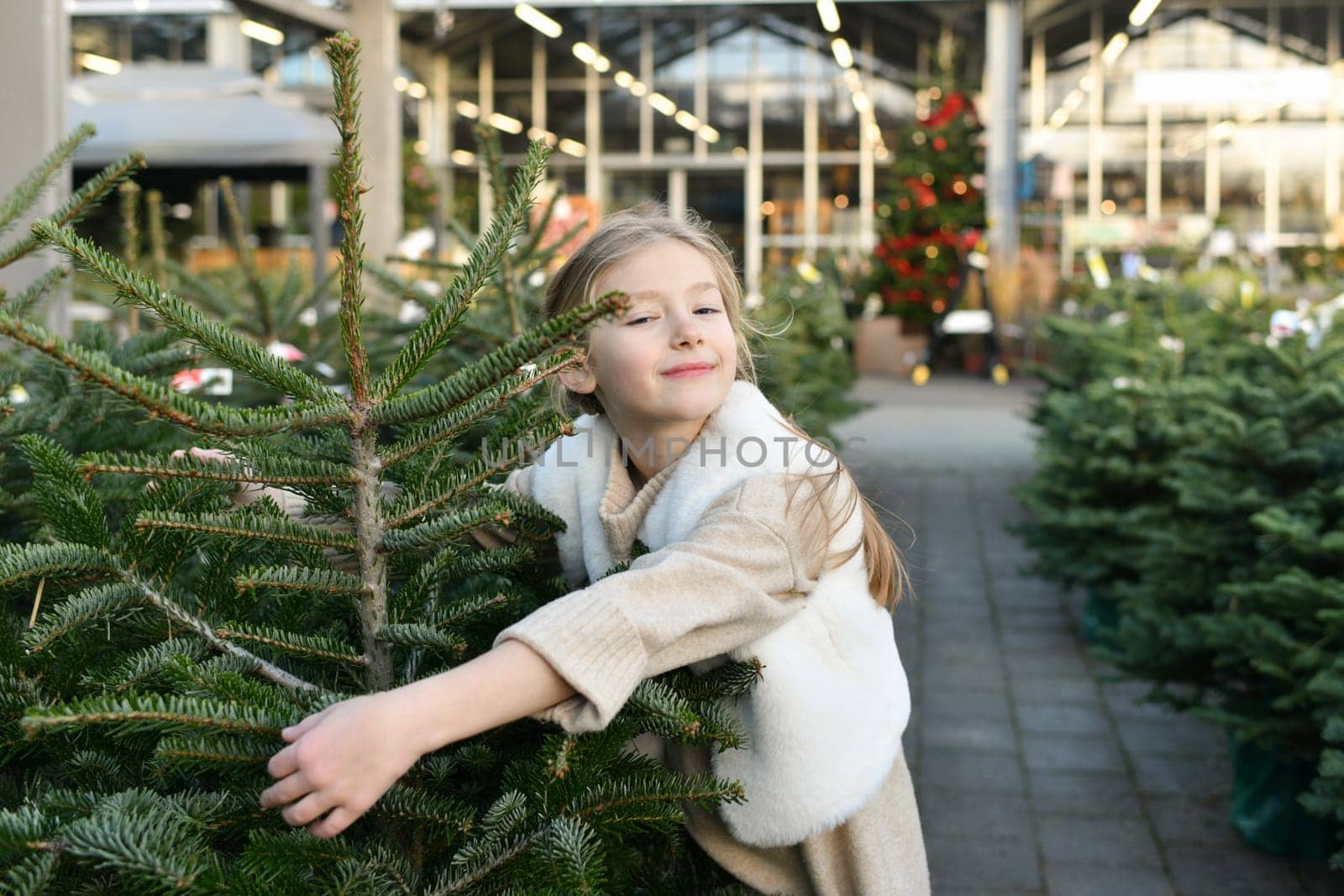 Small girl chooses a Christmas tree in the shop.