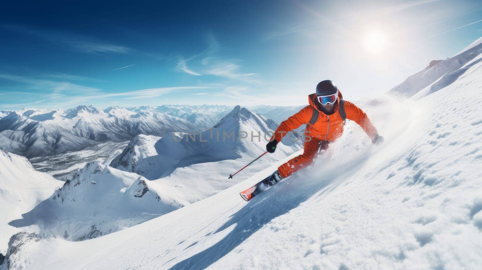 A skier descends at high speed on a snow-covered ski slope at a resort in an orange suit. by Alla_Yurtayeva
