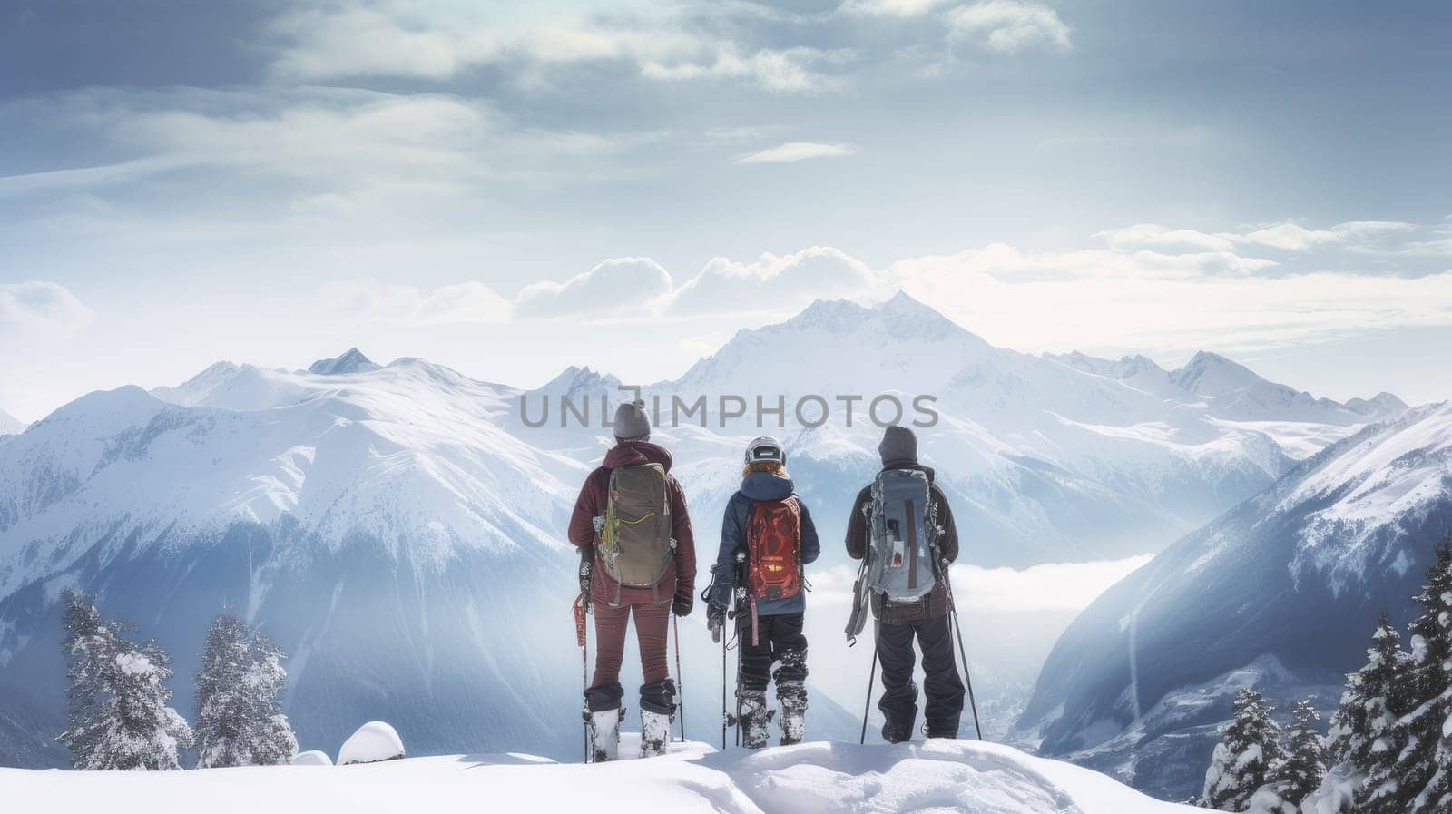 A family of skiers looks at the snow-capped mountains at a ski resort, during vacation and winter holidays. Concept of traveling around the world, recreation, winter sports, vacations, tourism in the mountains and unusual places.