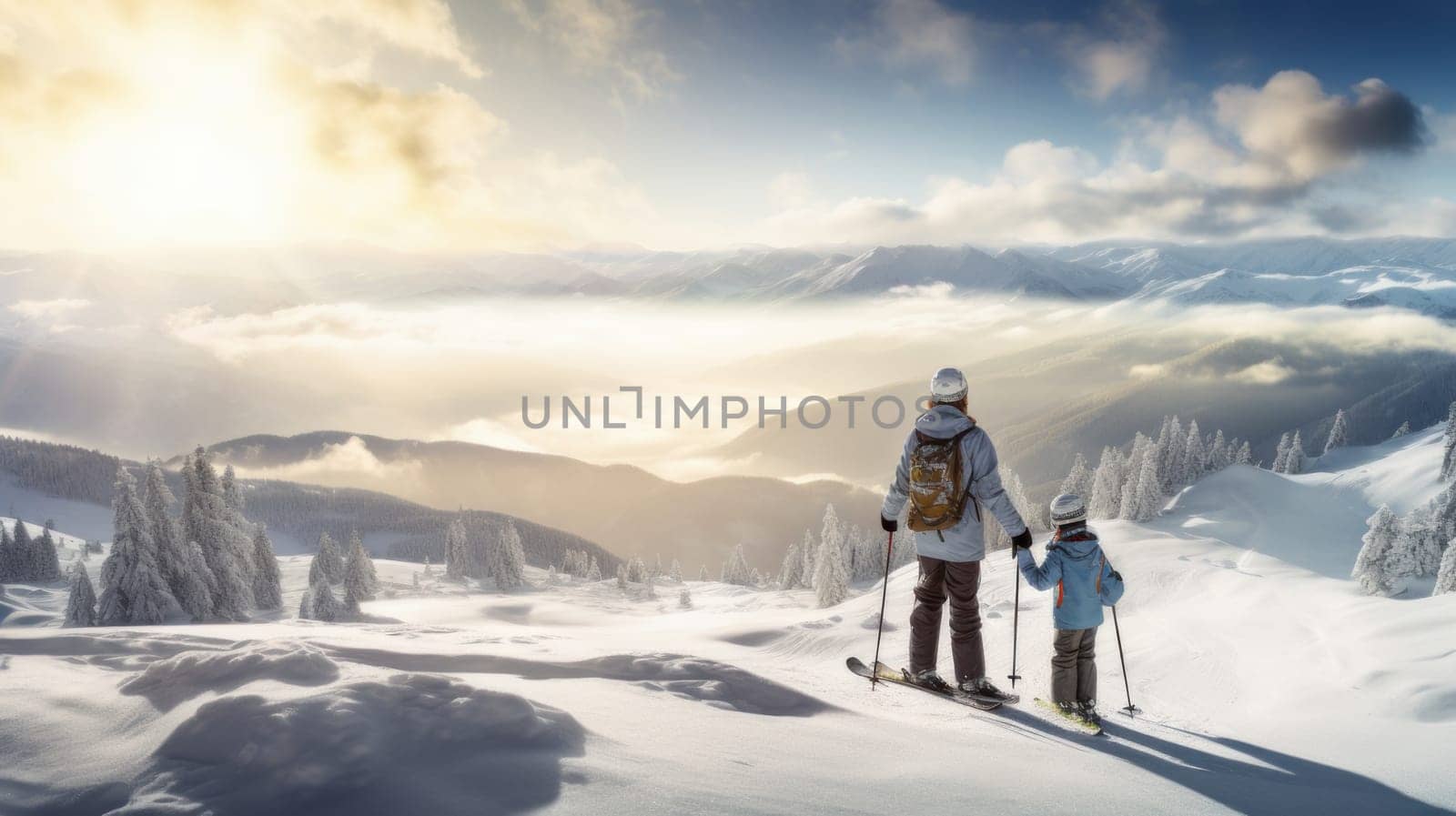 Happy mother and little daughter walk through snow-capped mountains with a beautiful landscape at a ski resort, during holidays. Concept of traveling around the world, recreation, winter sports, vacations, tourism in the mountains and unusual places.