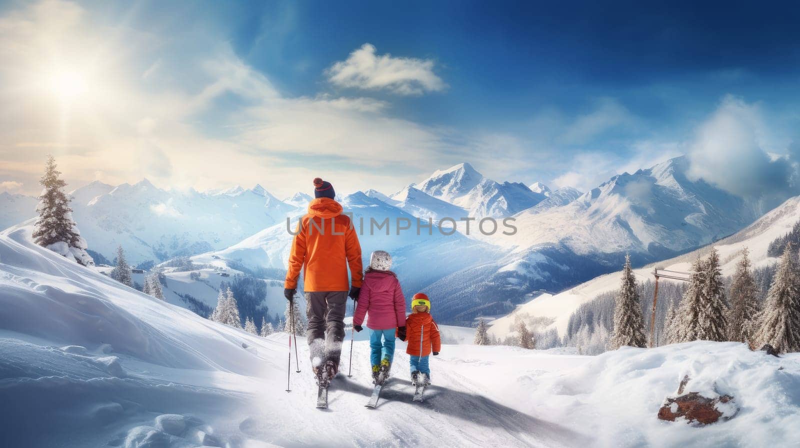 Happy mother with two children walk along snow-capped mountains with a beautiful landscape at a ski resort, during winter holidays. Concept of traveling around the world, recreation winter sports vacations, tourism in the mountains and unusual places