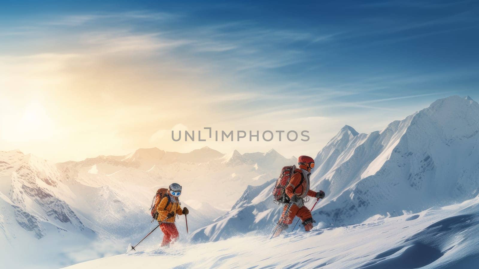 Happy and cheerful children skiing on snowy mountains with beautiful scenery at a ski resort, during vacation and winter holidays. Concept of traveling around the world, recreation, winter sports vacations, tourism in the mountains and unusual places