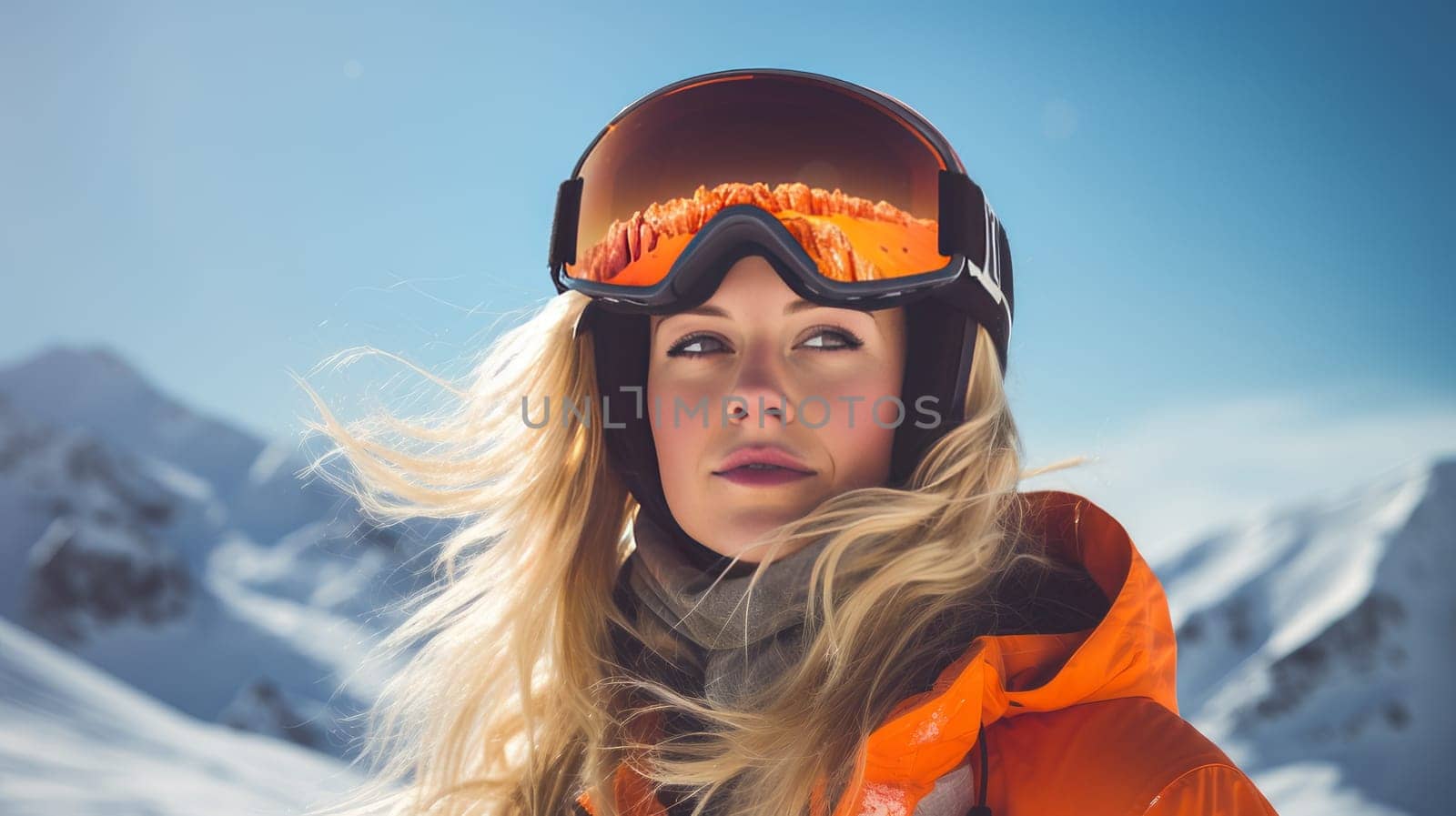 Portrait of a happy, woman snowboarder against the backdrop of snow-capped mountains at a ski resort, during winter holidays. Concept of traveling around the world, recreation winter sports vacations tourism in the mountains and unusual places