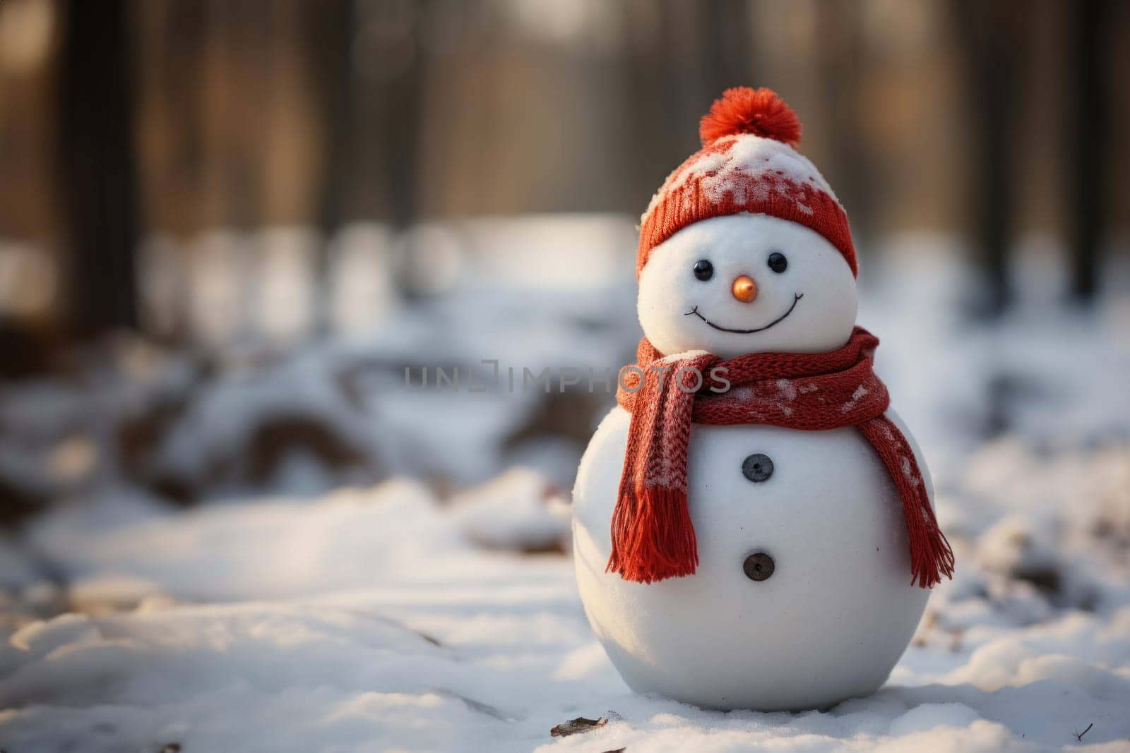 Cute little snowman in knitted hat and scarf standing outside on a winters day. Christmas card, copy space