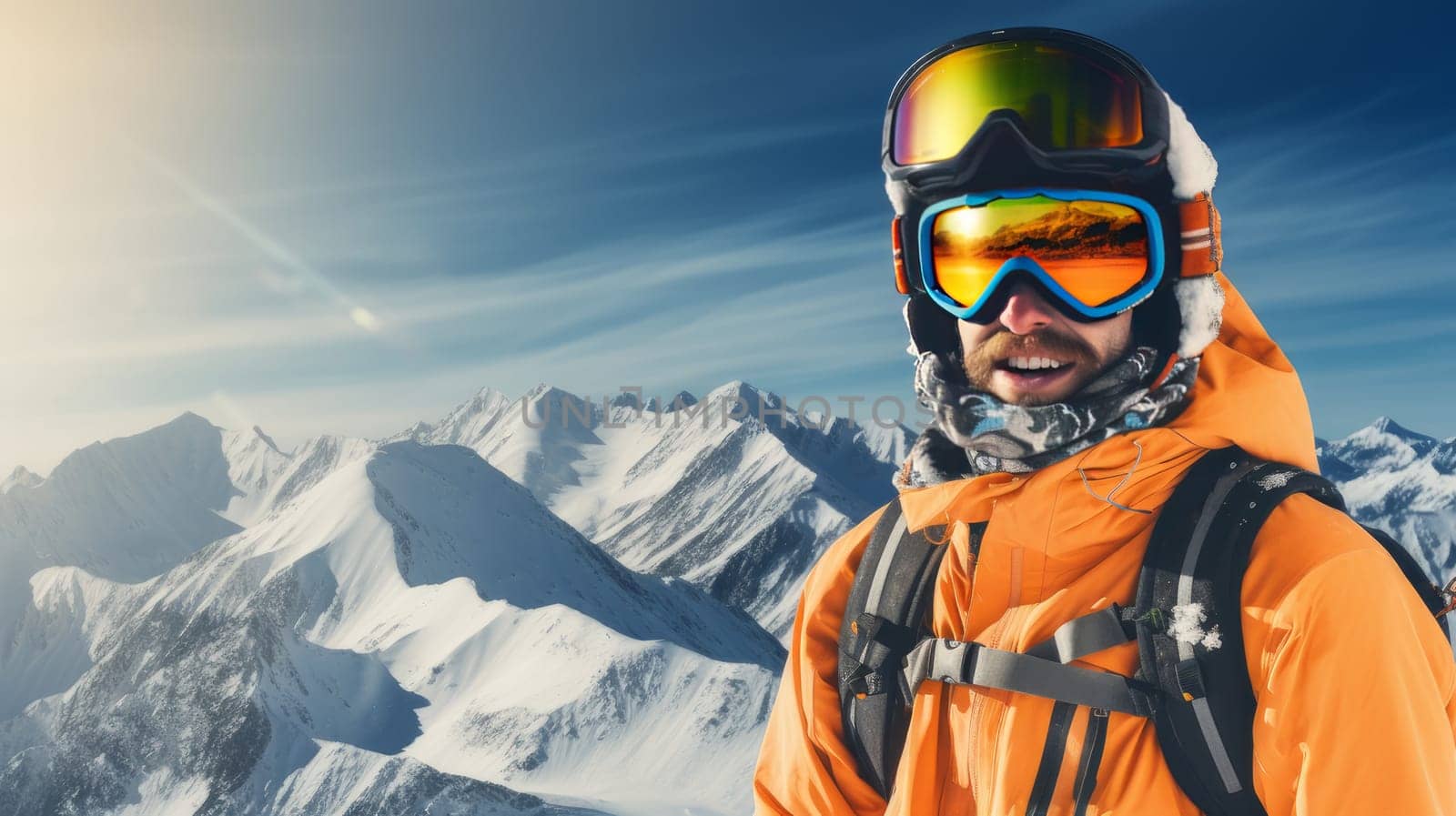Portrait of a happy, smiling male snowboarder against the backdrop of snow-capped mountains at a ski resort, during winter holidays. Concept of traveling around the world, recreation winter sports vacations tourism in the mountains and unusual places