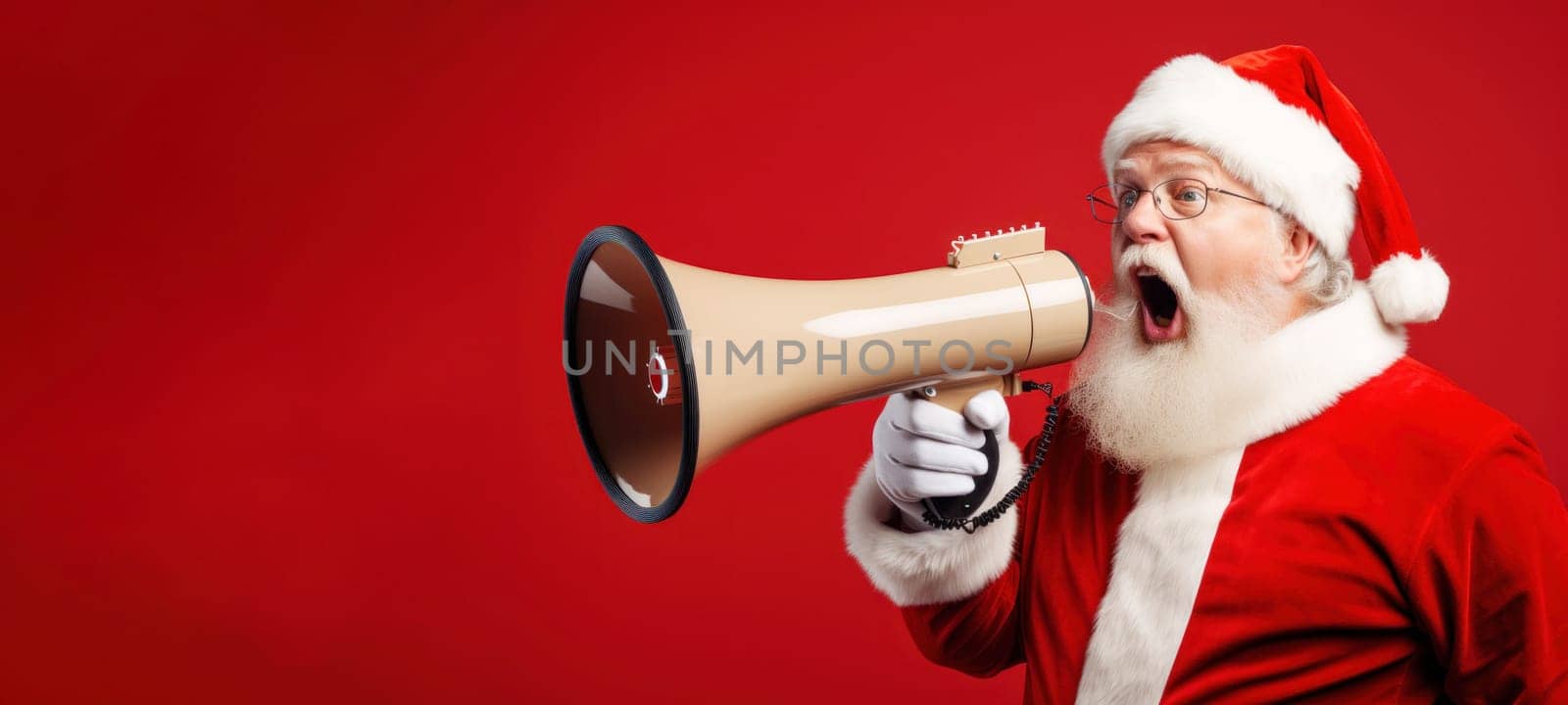 Santa Claus with megaphone on red background. Announcement or advertising of Christmas sales, announcement of winners.
