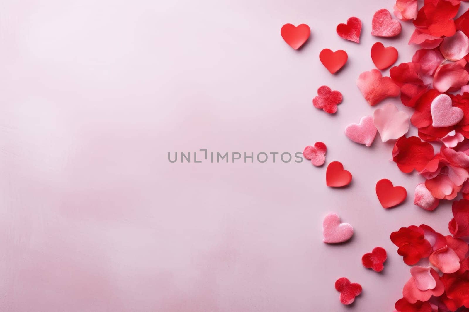 A festive pink background showered with flower petals. Romantic and joyful celebration background