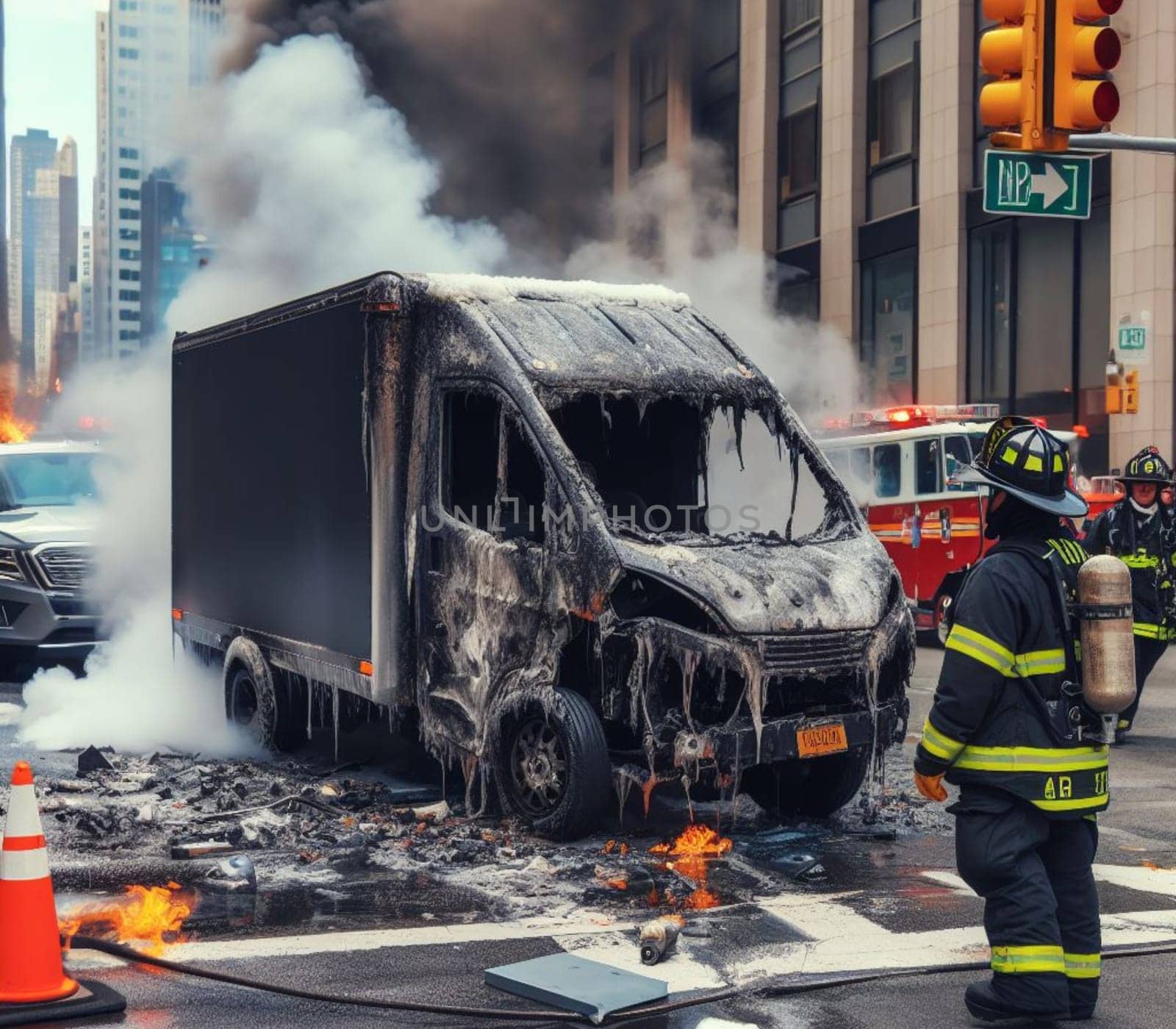 electric hybrid cargo courier truck van burn bottom chasis, firefighter apply foam to extinguish flames big smoke ai generated