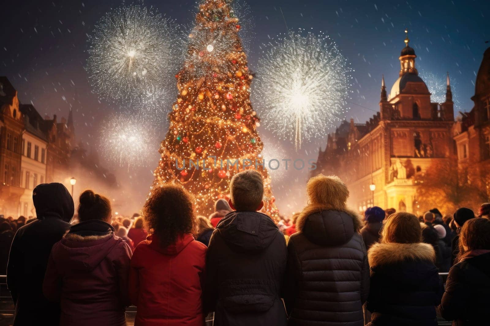 People enjoy Christmas, spending time in the town square with Christmas tree by andreyz