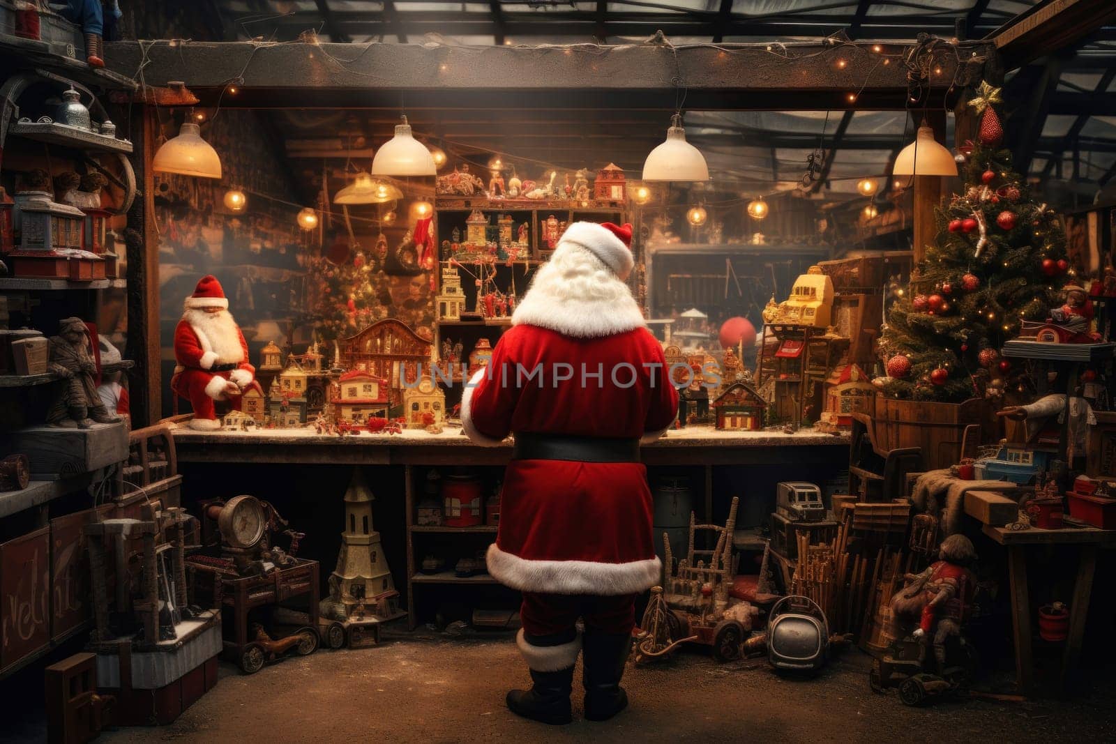 Santa Claus works diligently, creating and wrapping toys in his festive workshop for children's Christmas delight