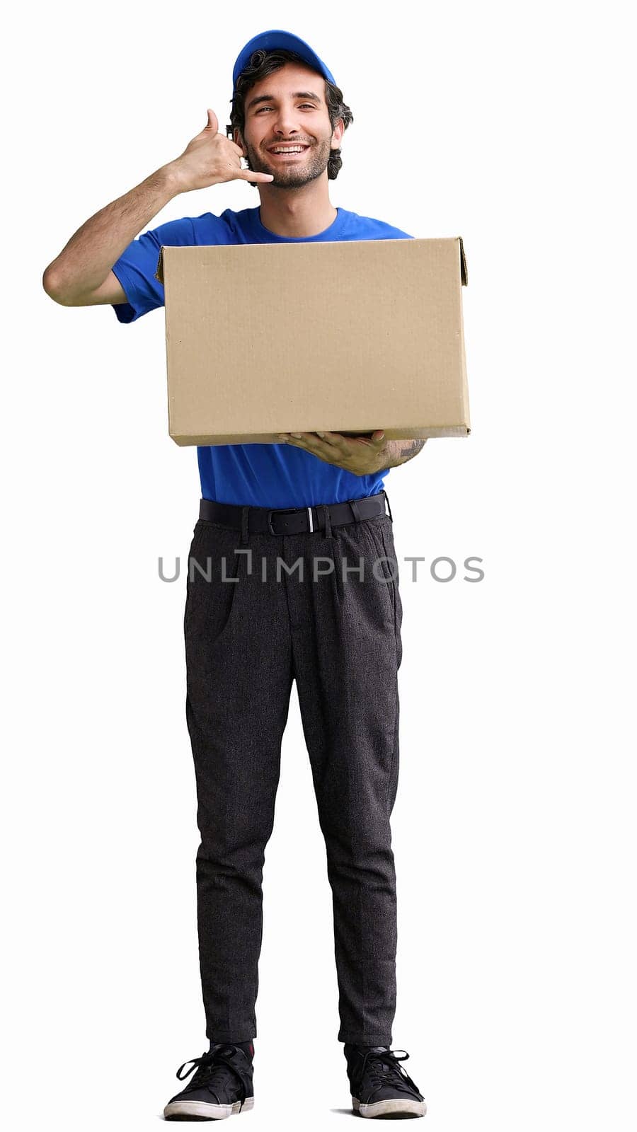 full-length male courier holding a box on a white background by Prosto