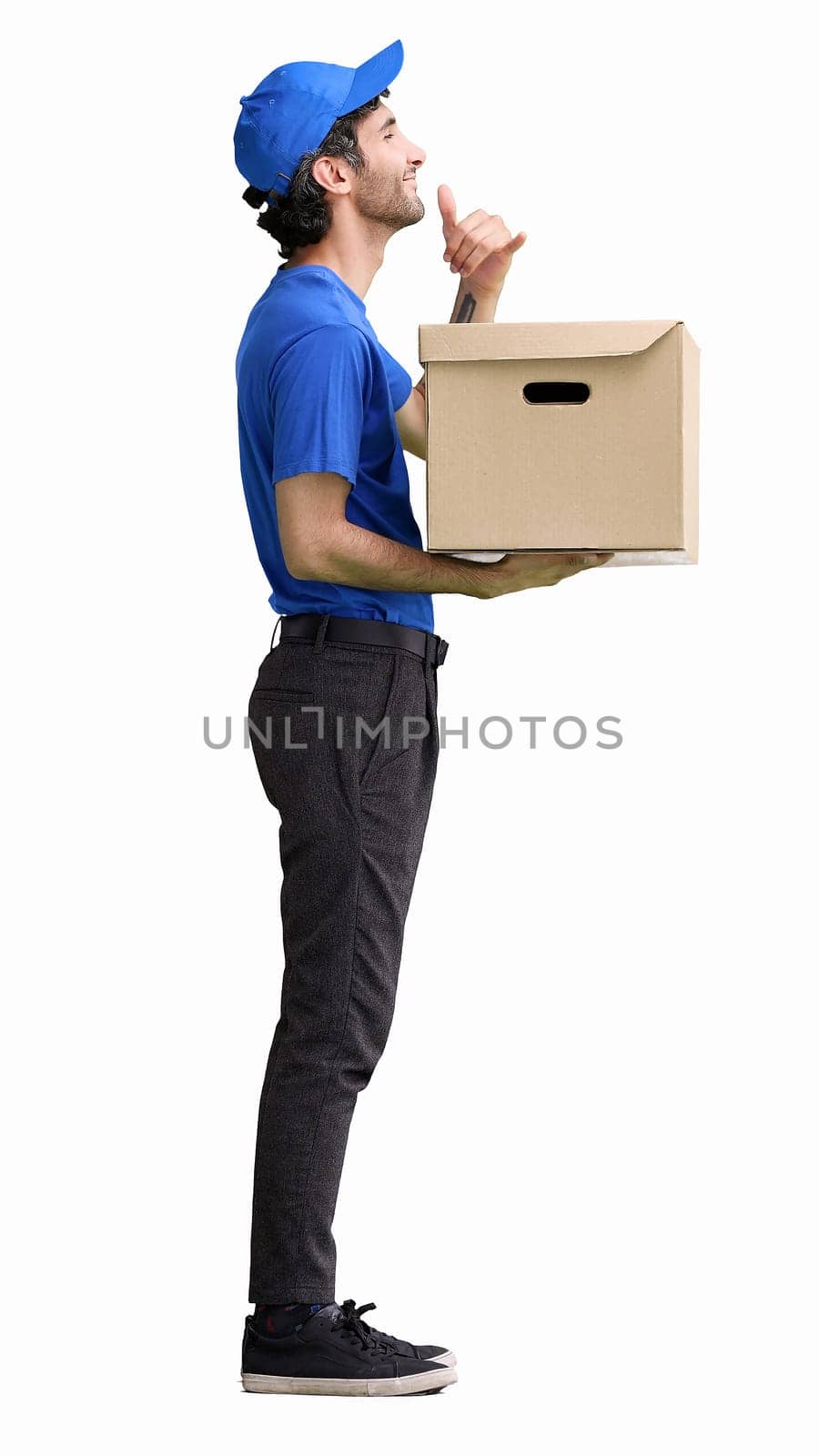 full-length male courier holding a box on a white background.