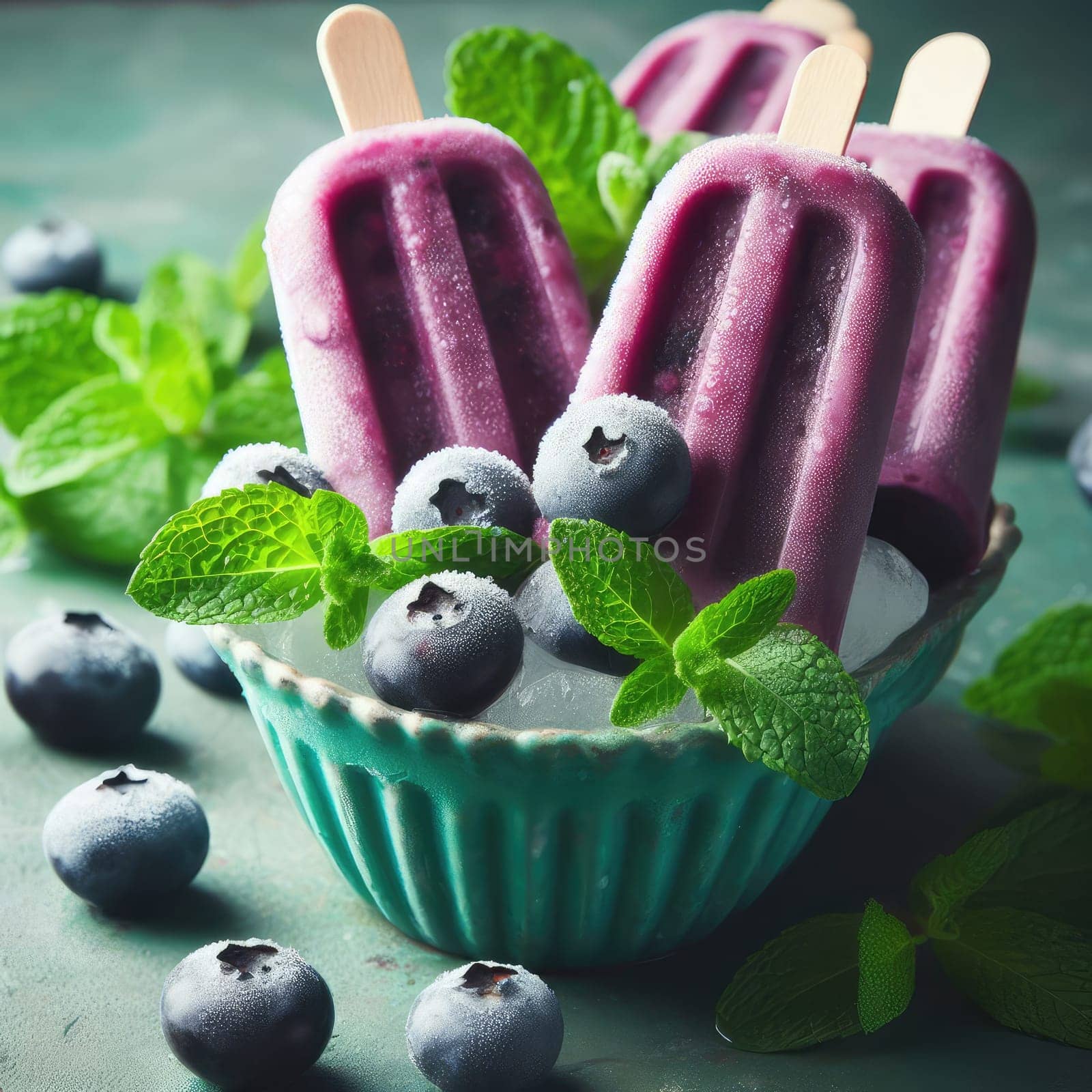 Homemade strawberry cherry banana blueberry ice cream or popsicles decorated green mint leaves on teal rustic table, frozen fruit juice, vintage style, top view