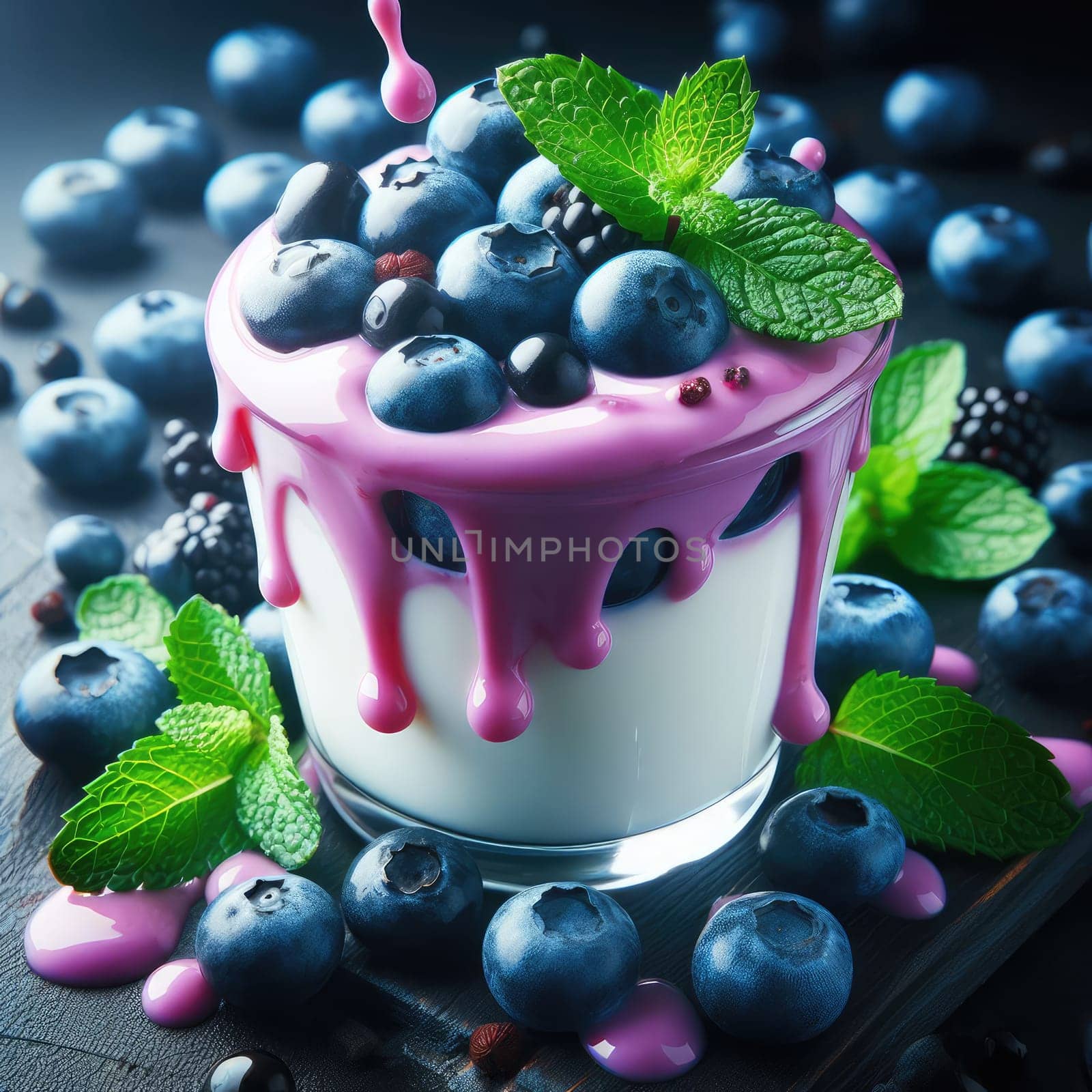 Blueberry yogurt served with fresh blueberries and mint leaves.