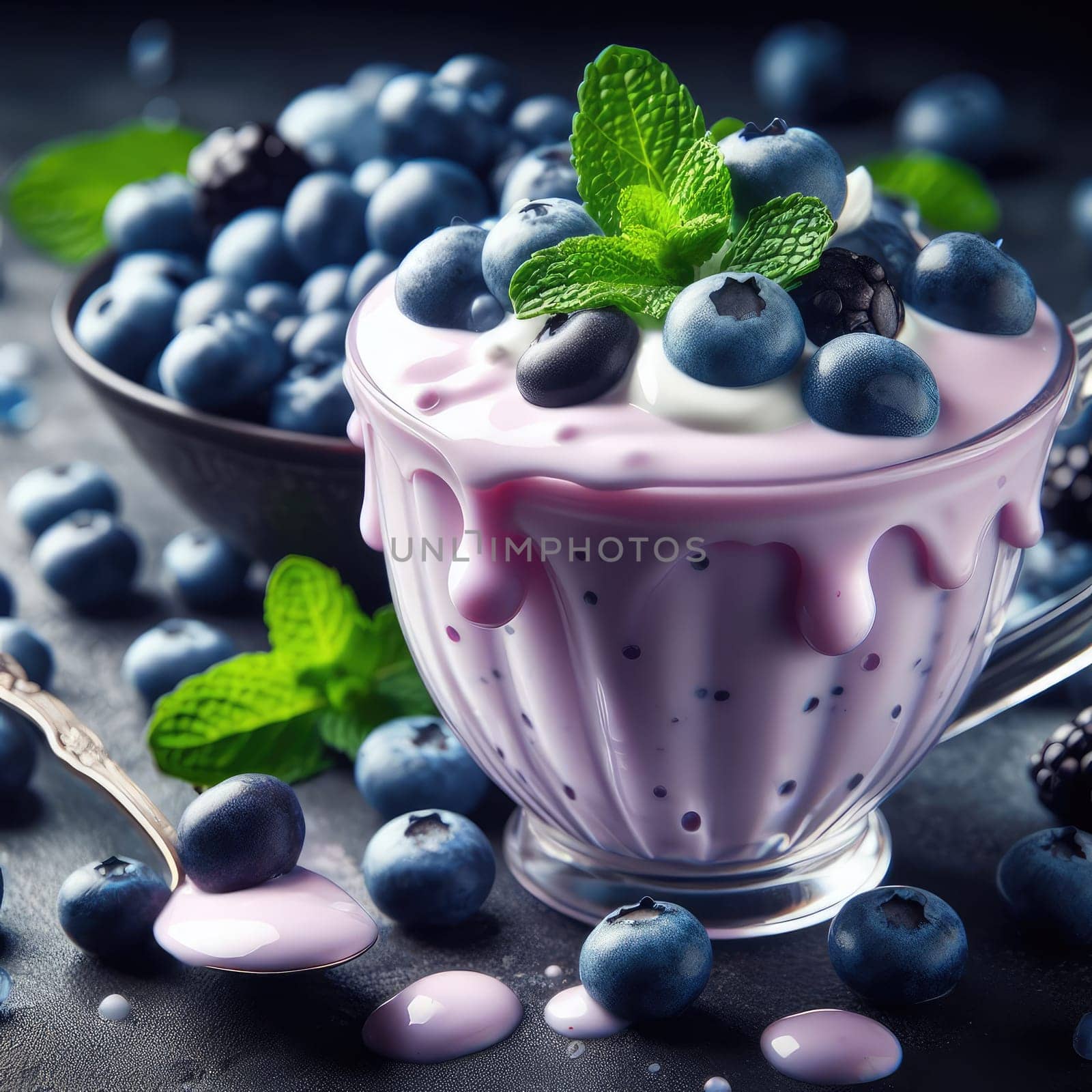 Blueberry yogurt served with fresh blueberries and mint leaves.