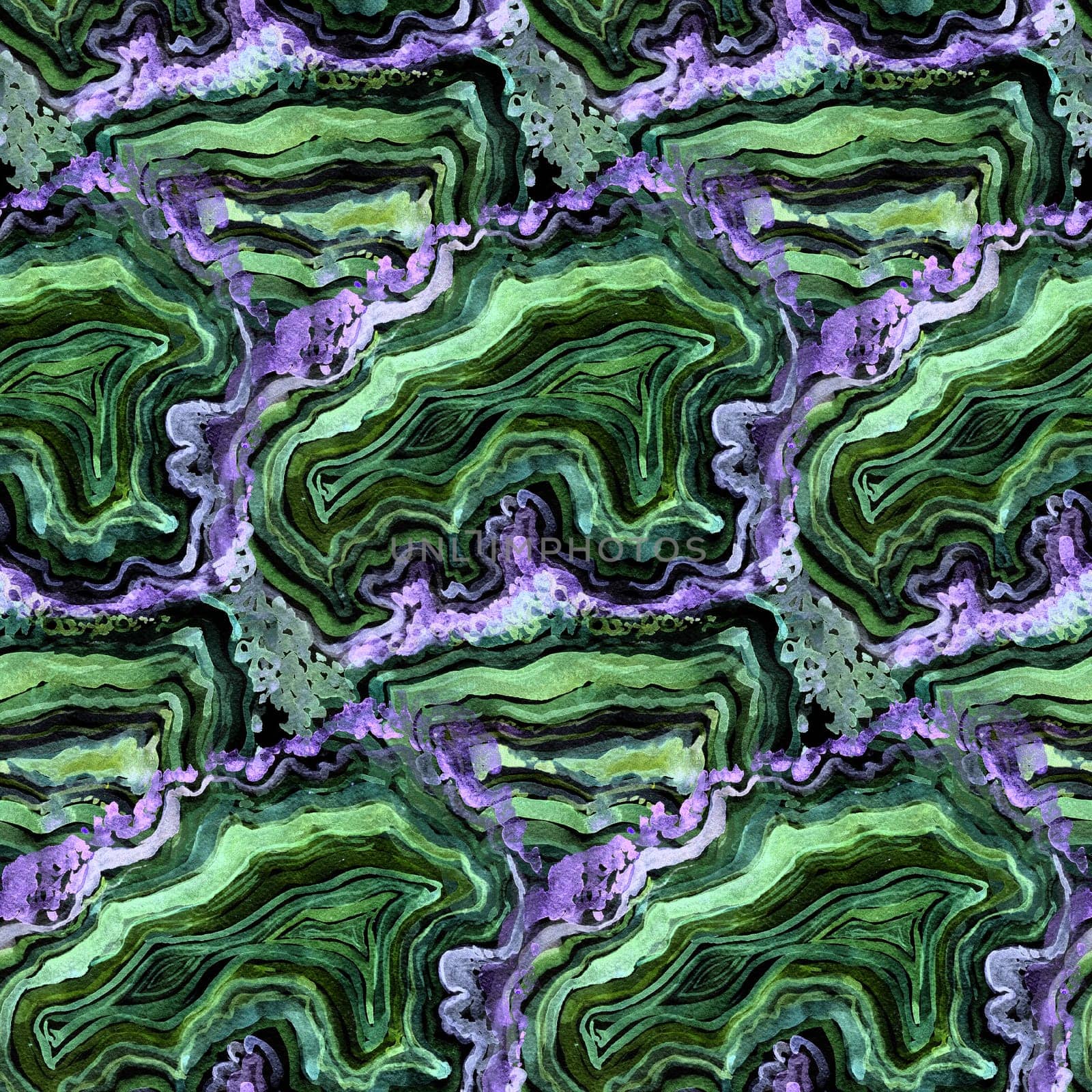 Seamless watercolor pattern with imitation of the biostructure of the Malachite stone for textile surface design