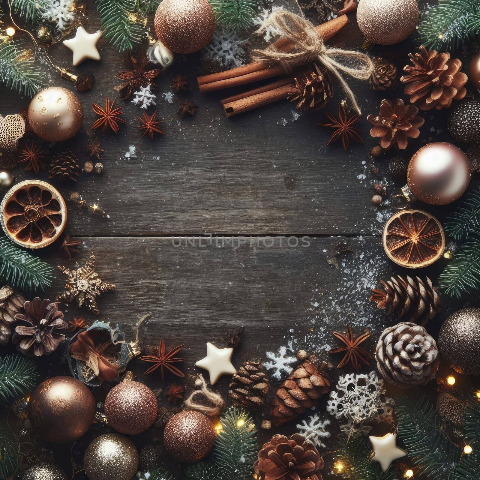 Christmas background with fir twigs, red berries, cones and Xmas lights on dark abstract background with plenty of text space.