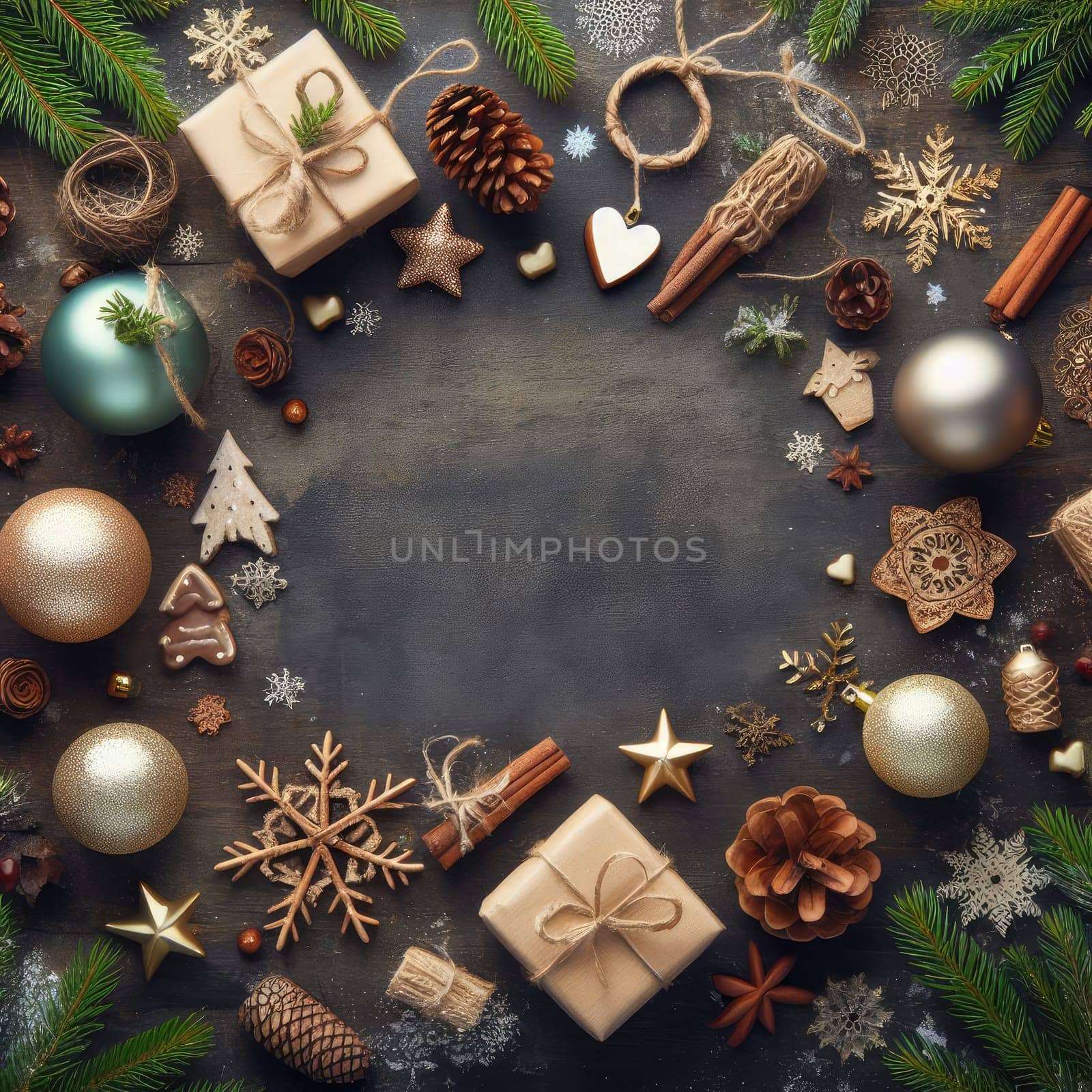 Christmas background with fir twigs, red berries, cones and Xmas lights on dark abstract background with plenty of text space.