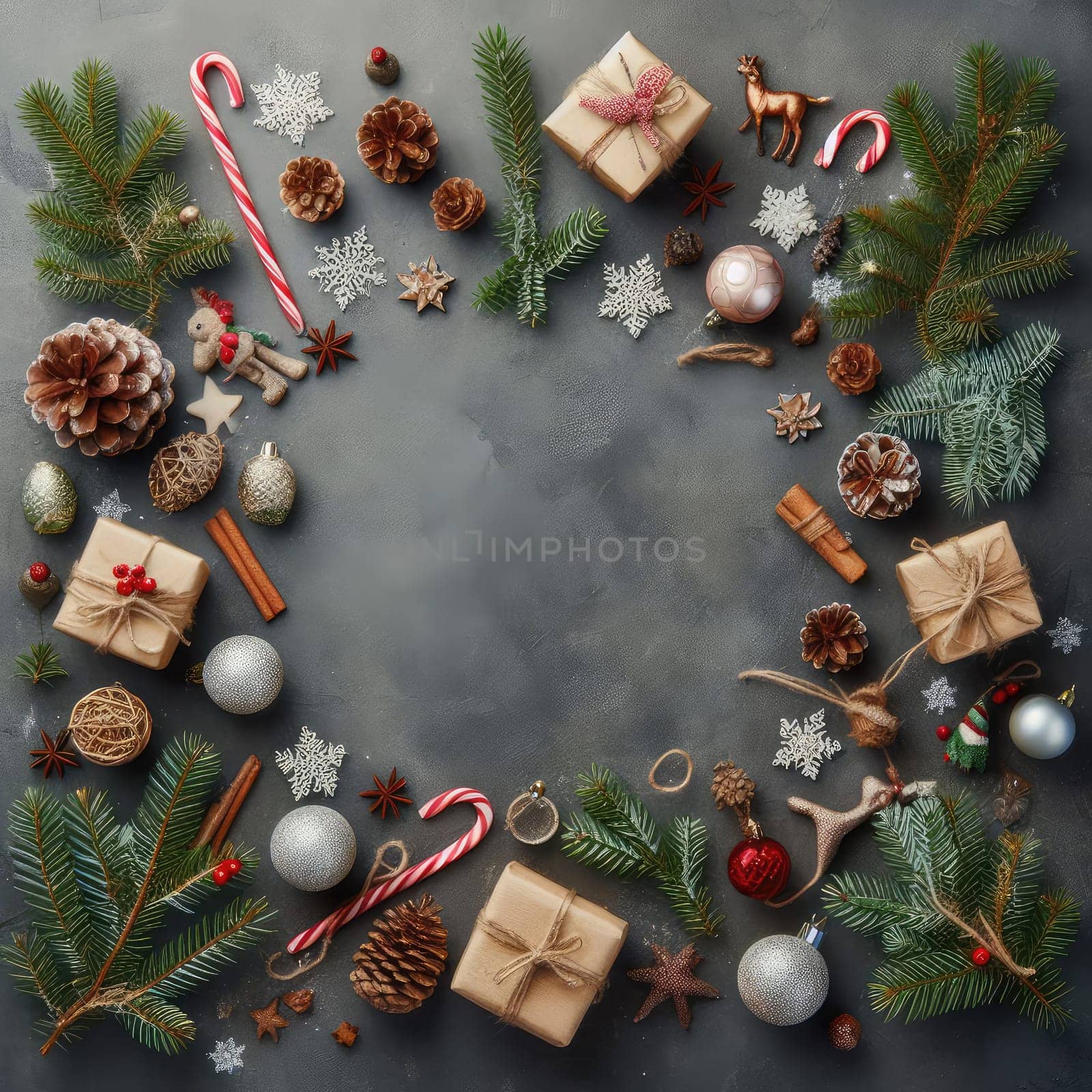 Christmas background with fir twigs, red berries, cones and Xmas lights on dark abstract background with plenty of text space.