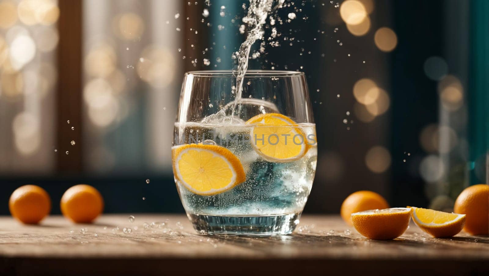 A beautiful transparent glass filled with a stream of fresh mineral water with ice, exploding with playful bubbles, sparkling on a wooden table.