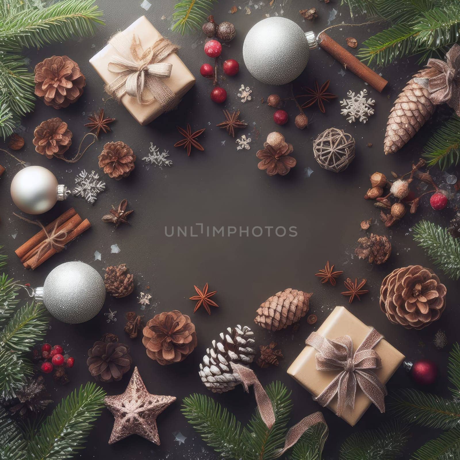 Christmas background with fir twigs, red berries, cones and Xmas lights on dark abstract background with plenty of text space.