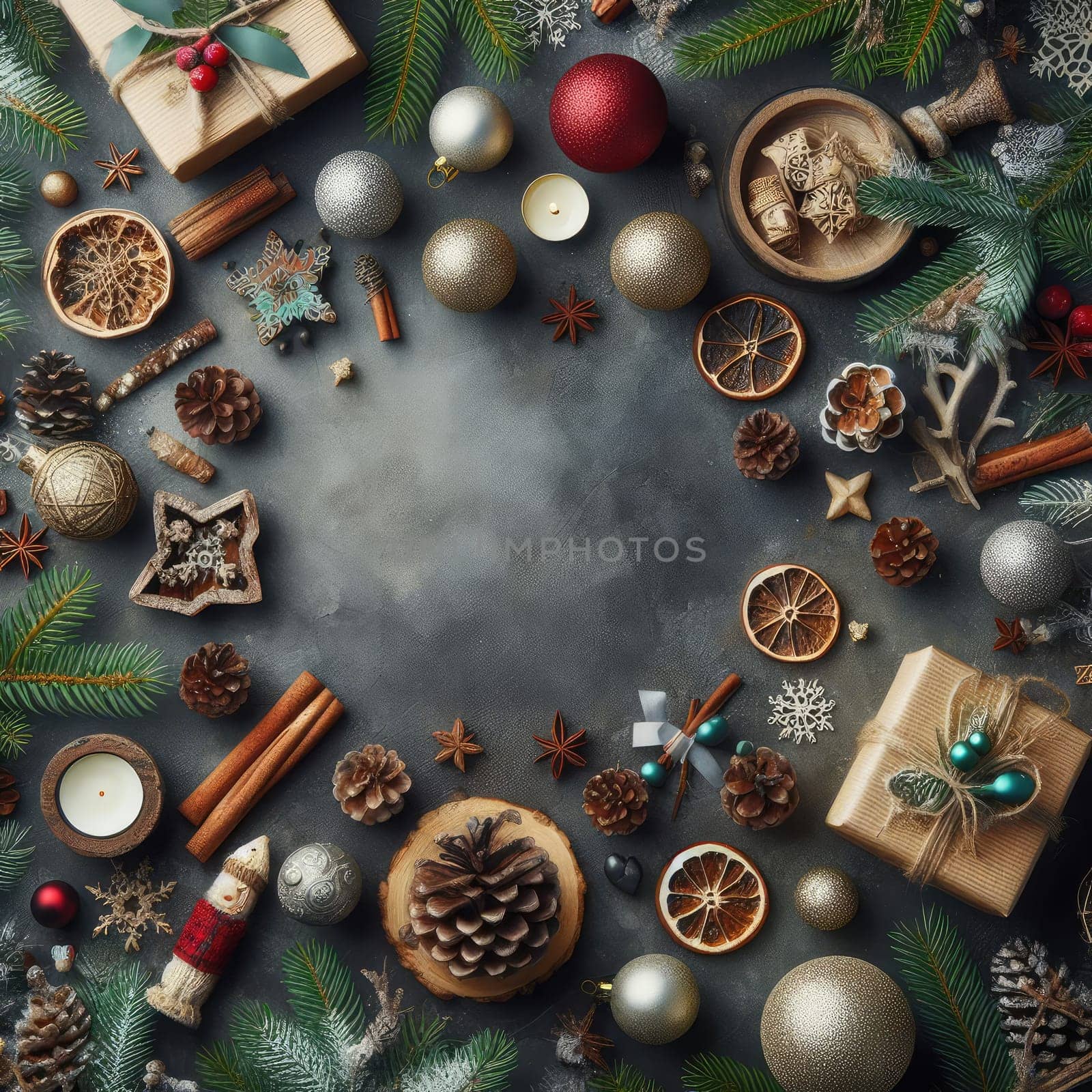 Christmas background with fir twigs, red berries, cones and Xmas lights on dark abstract background with plenty of text space.