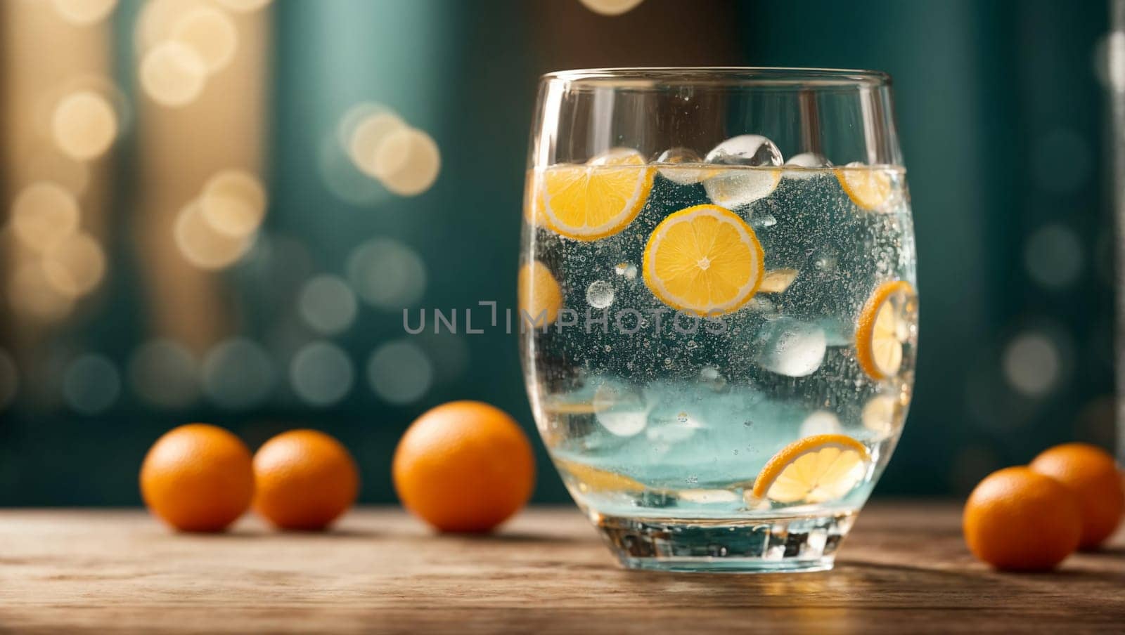 A beautiful transparent glass filled with a stream of fresh mineral water with ice, exploding with playful bubbles, sparkling on a wooden table.