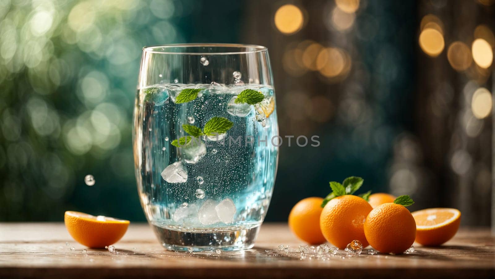 A beautiful transparent glass filled with a stream of fresh mineral water with ice, exploding with playful bubbles, sparkling on a wooden table.