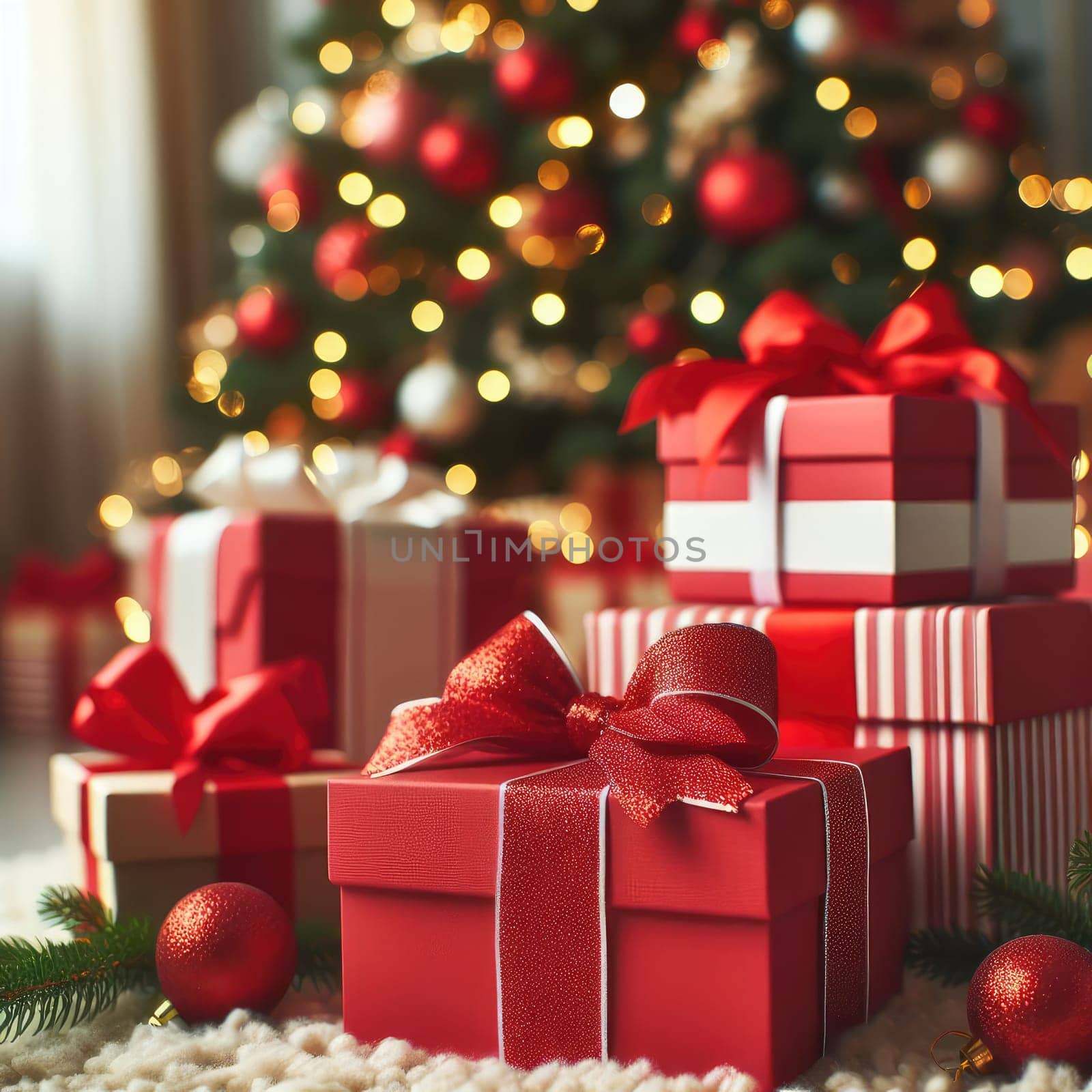 Luxury New Year gifts, different present boxes under Christmas tree in holiday eve, Christmastime celebration by Kobysh