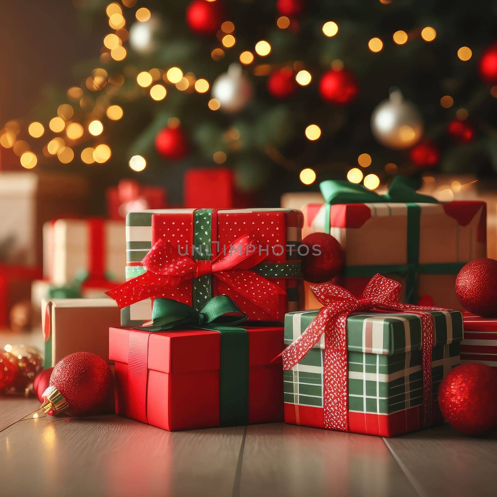 Luxury New Year gifts, different present boxes under Christmas tree in holiday eve, Christmastime celebration by Kobysh