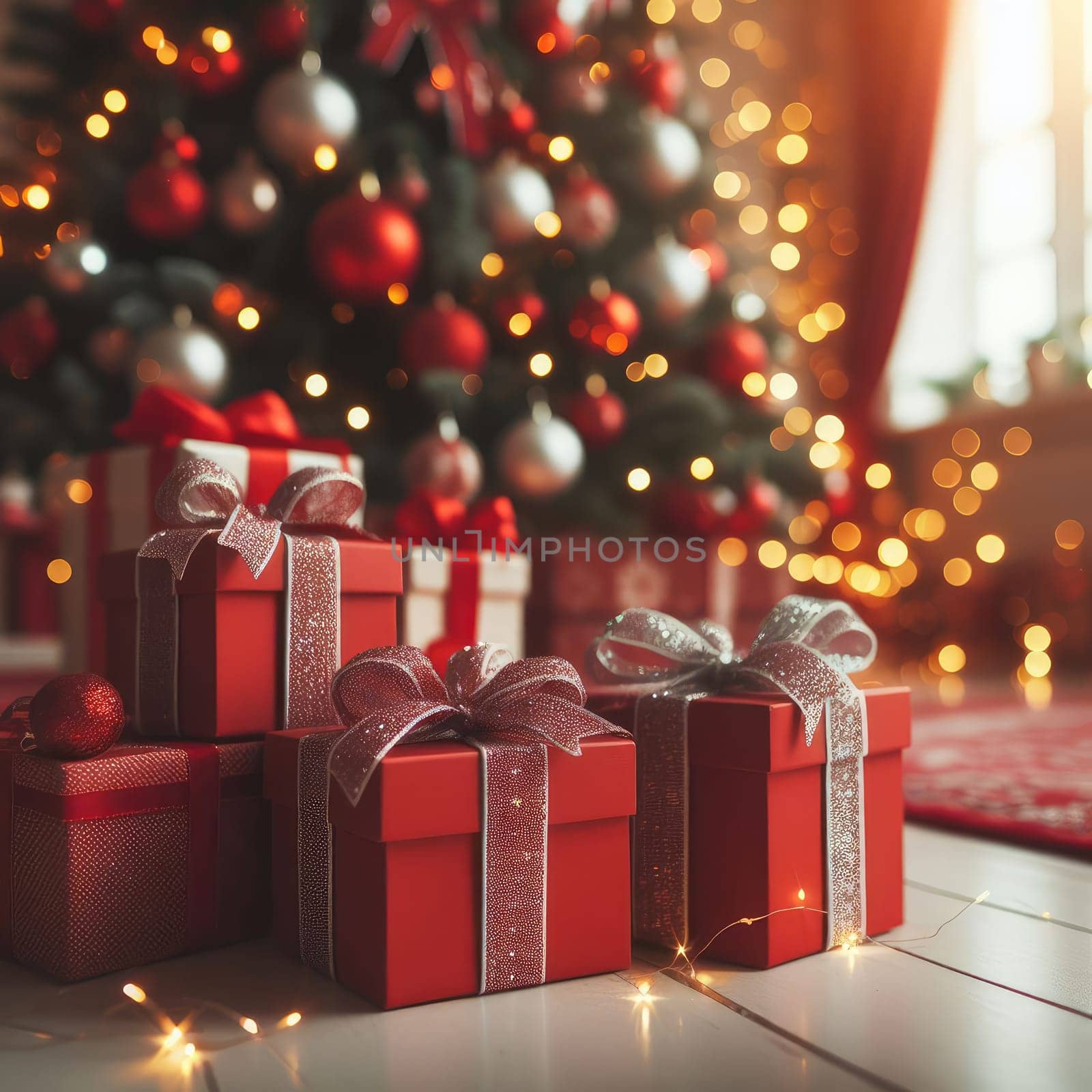 Luxury New Year gifts, different present boxes under Christmas tree in holiday eve, Christmastime celebration by Kobysh