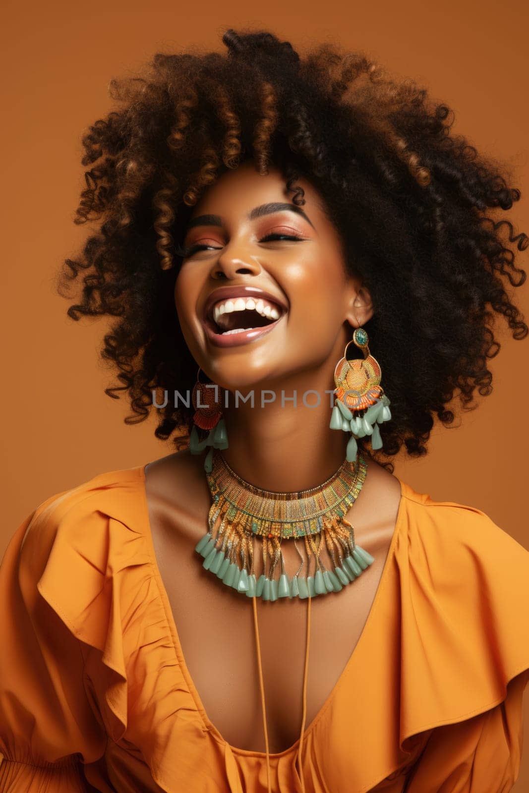 Excited african american female model smiling happily on beige background. AI Generated