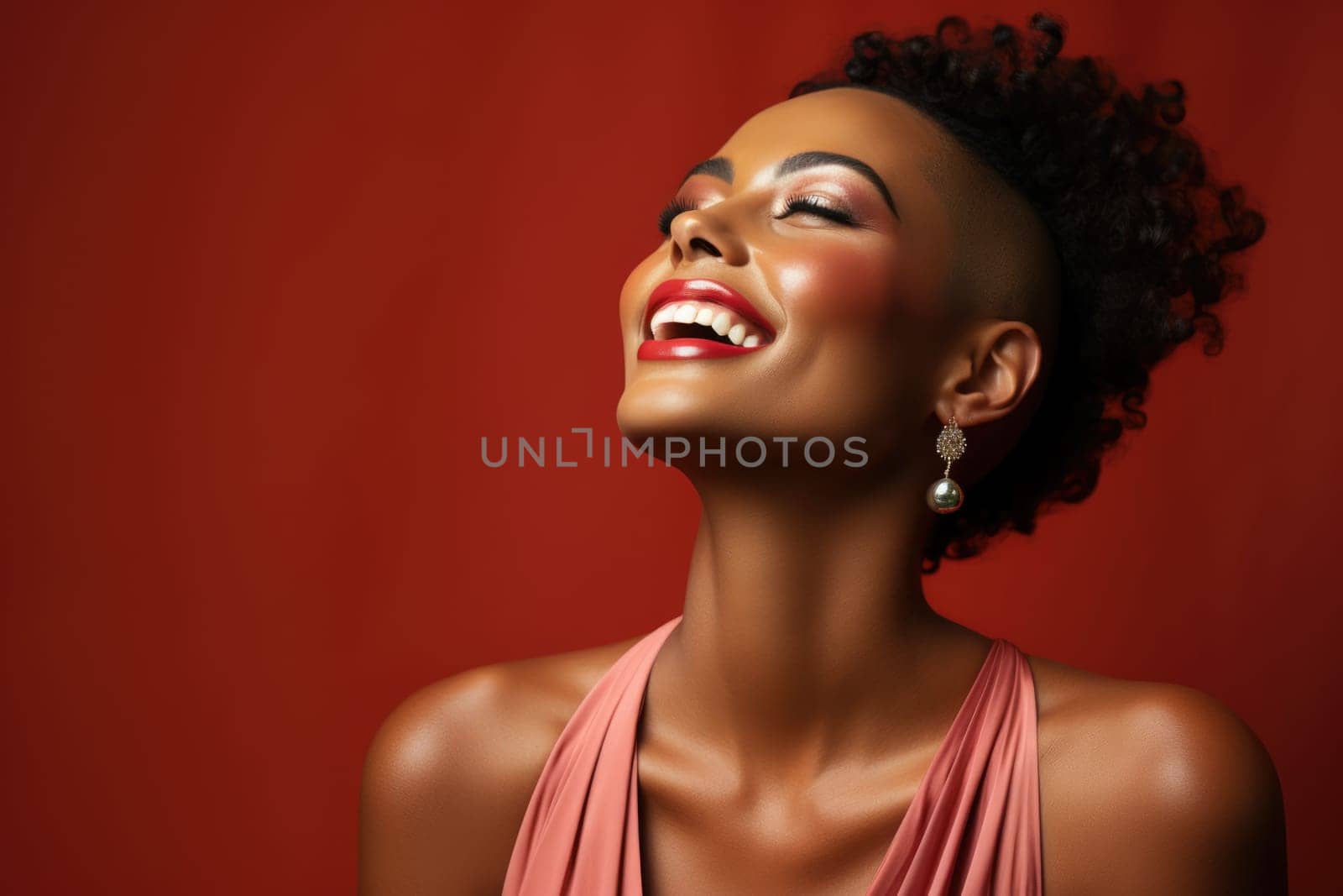 Excited female model smiling happily on red background. AI Generated by Desperada