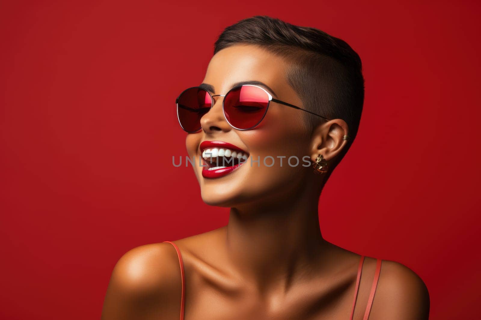 Excited african american female model smiling happily on red background. AI Generated