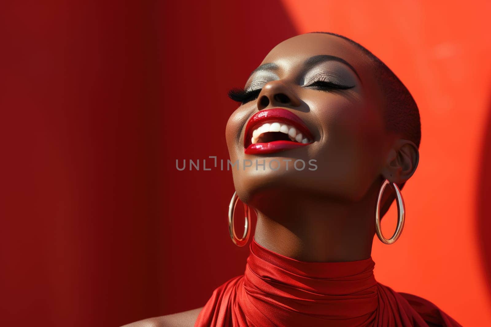 Excited african american female model smiling happily on red background. AI Generated