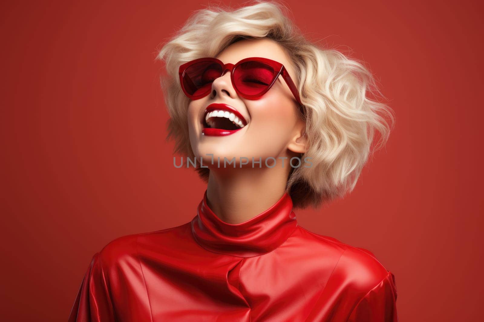 Excited female model smiling happily on red background. AI Generated by Desperada