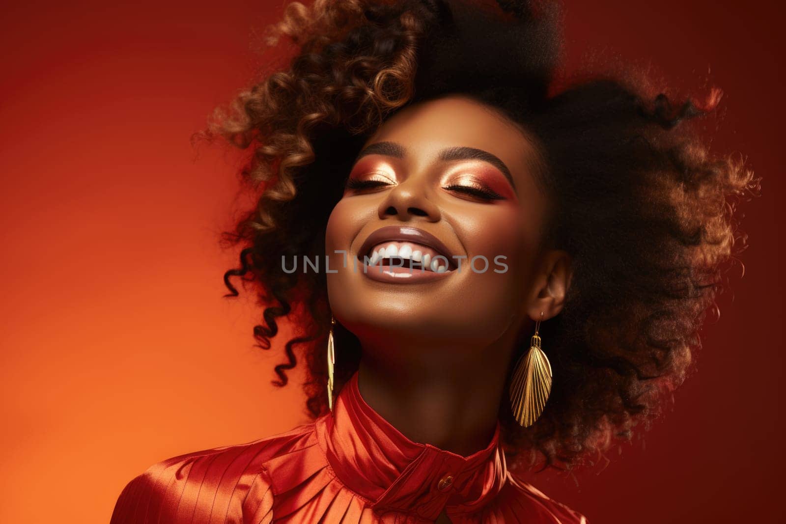 Excited african american female model smiling happily on red background. AI Generated