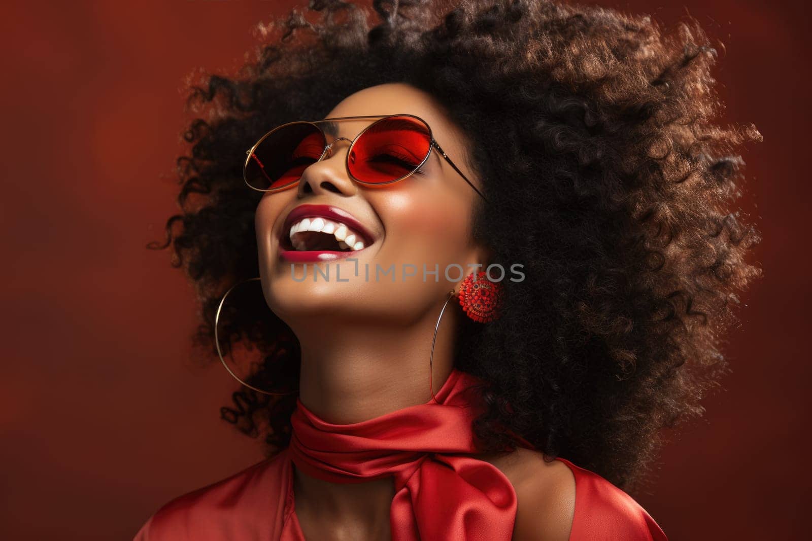 Excited african american female model smiling happily on red background. AI Generated