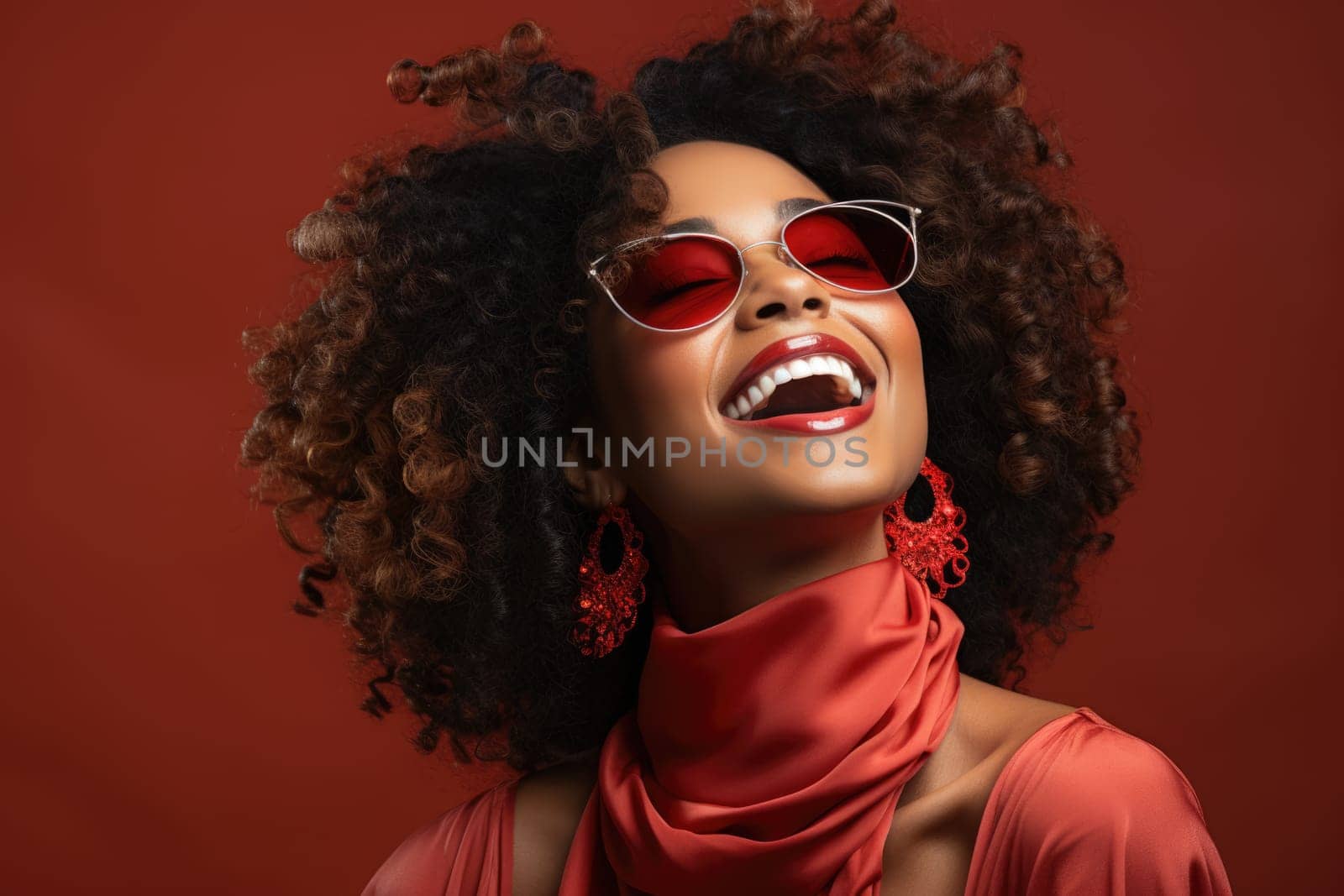 Excited african american female model smiling happily on red background. AI Generated