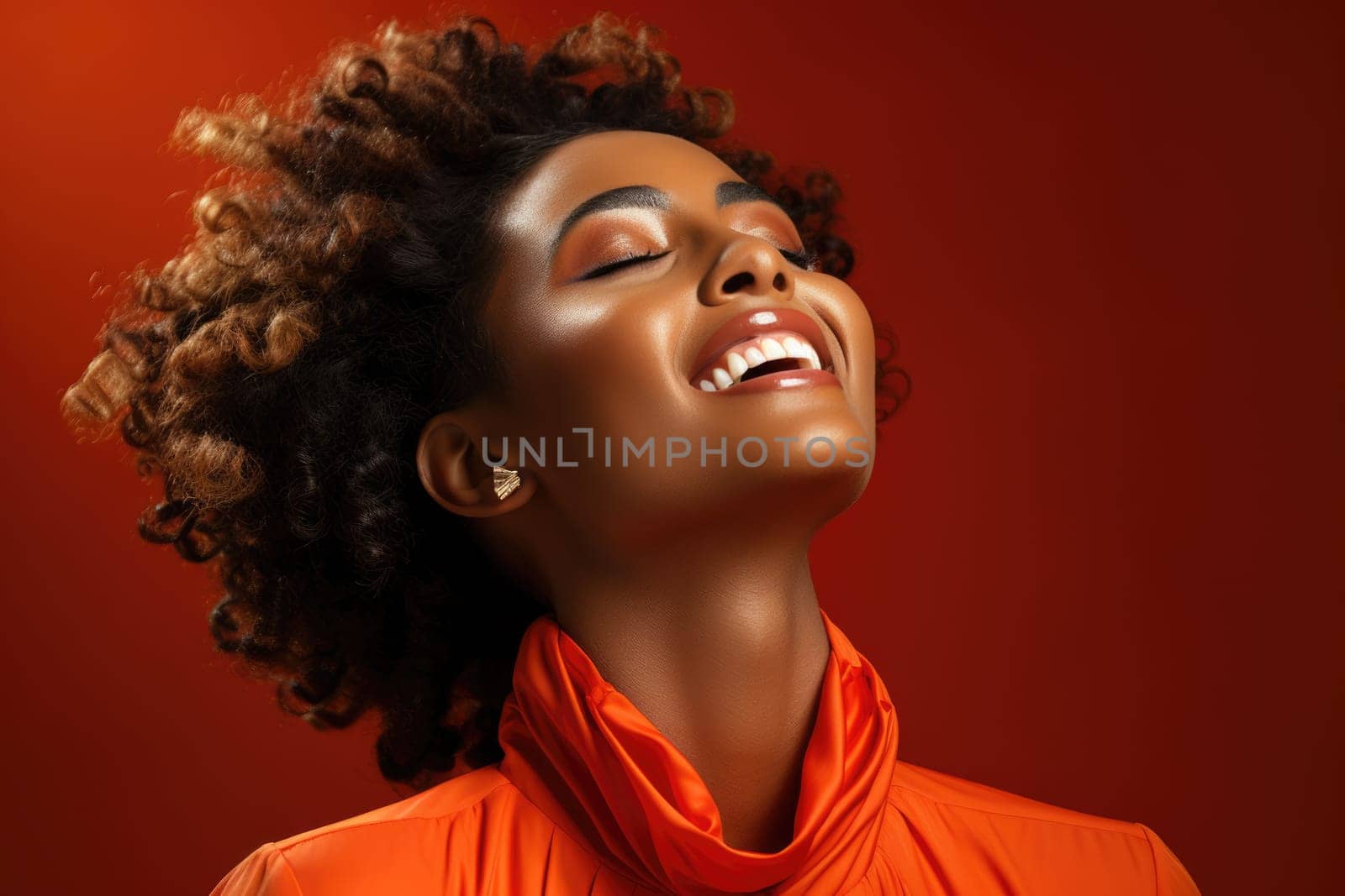 Excited african american female model smiling happily on red background. AI Generated