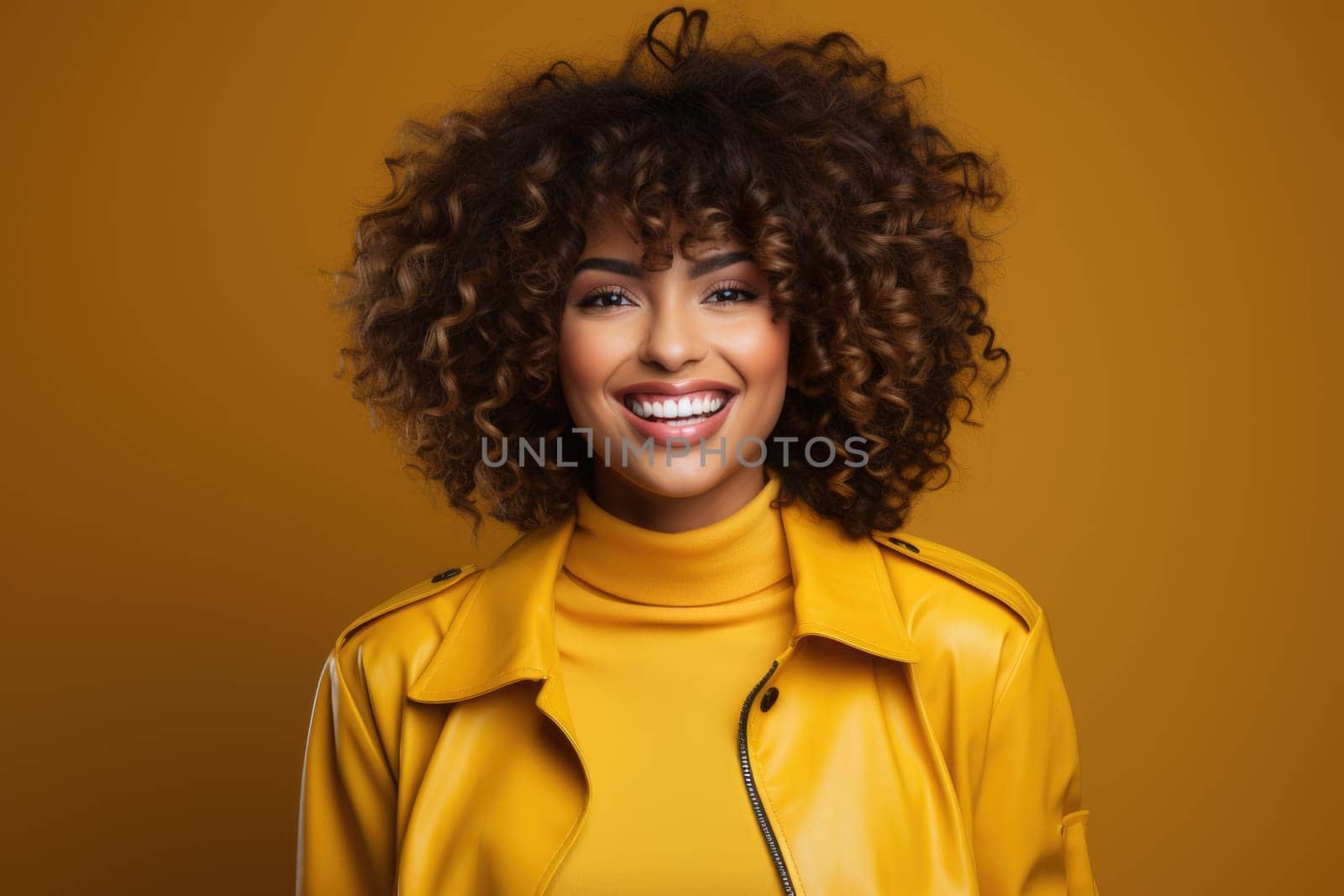 Excited female model smiling happily on yellow background. AI Generated by Desperada