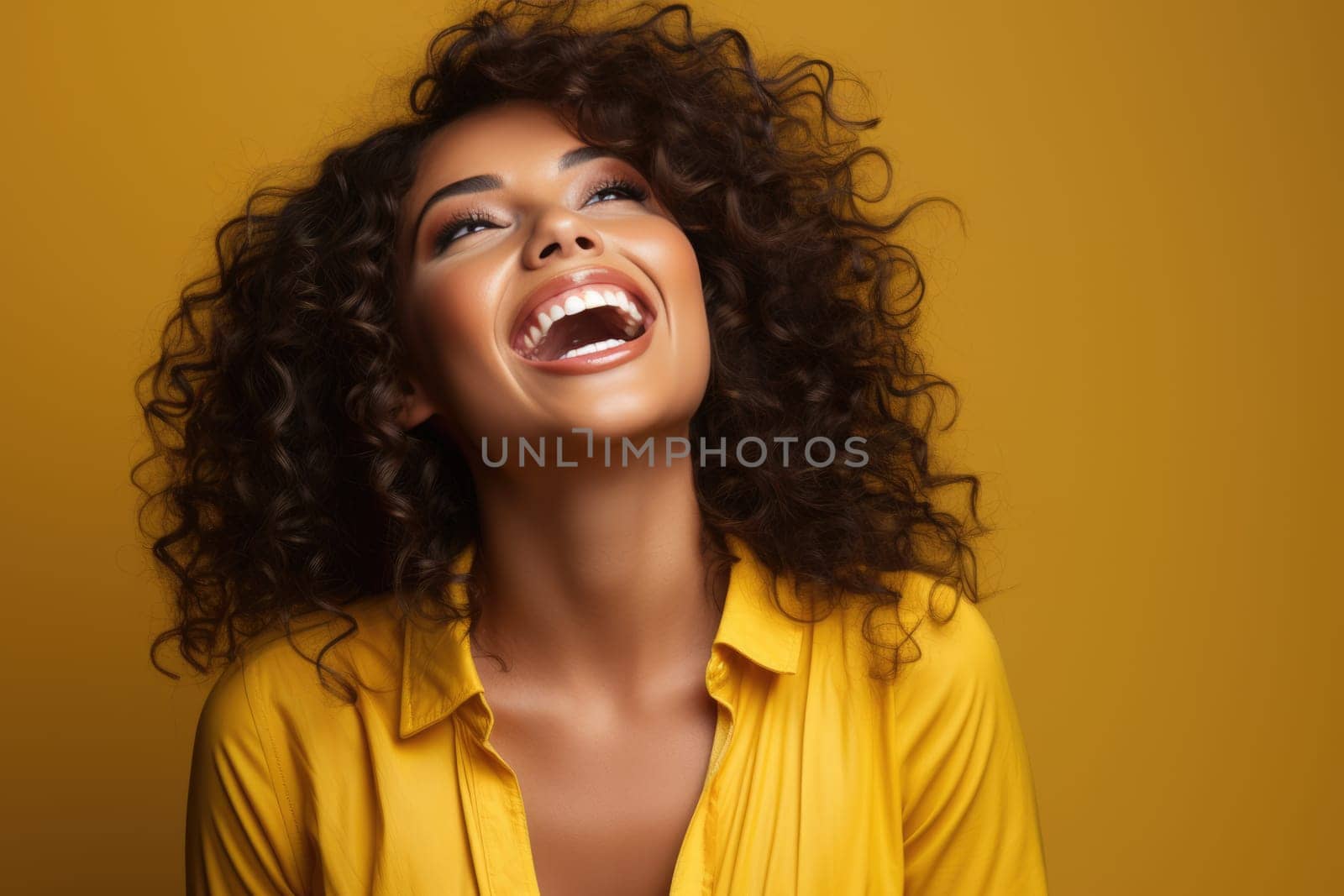 Excited female model smiling happily on yellow background. AI Generated by Desperada