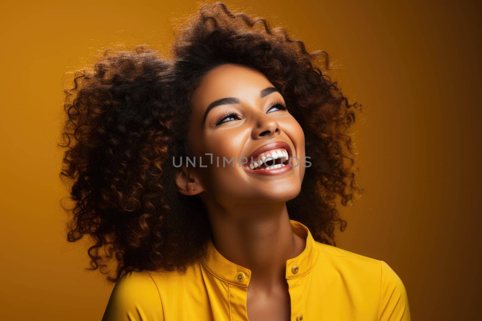 Excited female model smiling happily on yellow background. AI Generated by Desperada